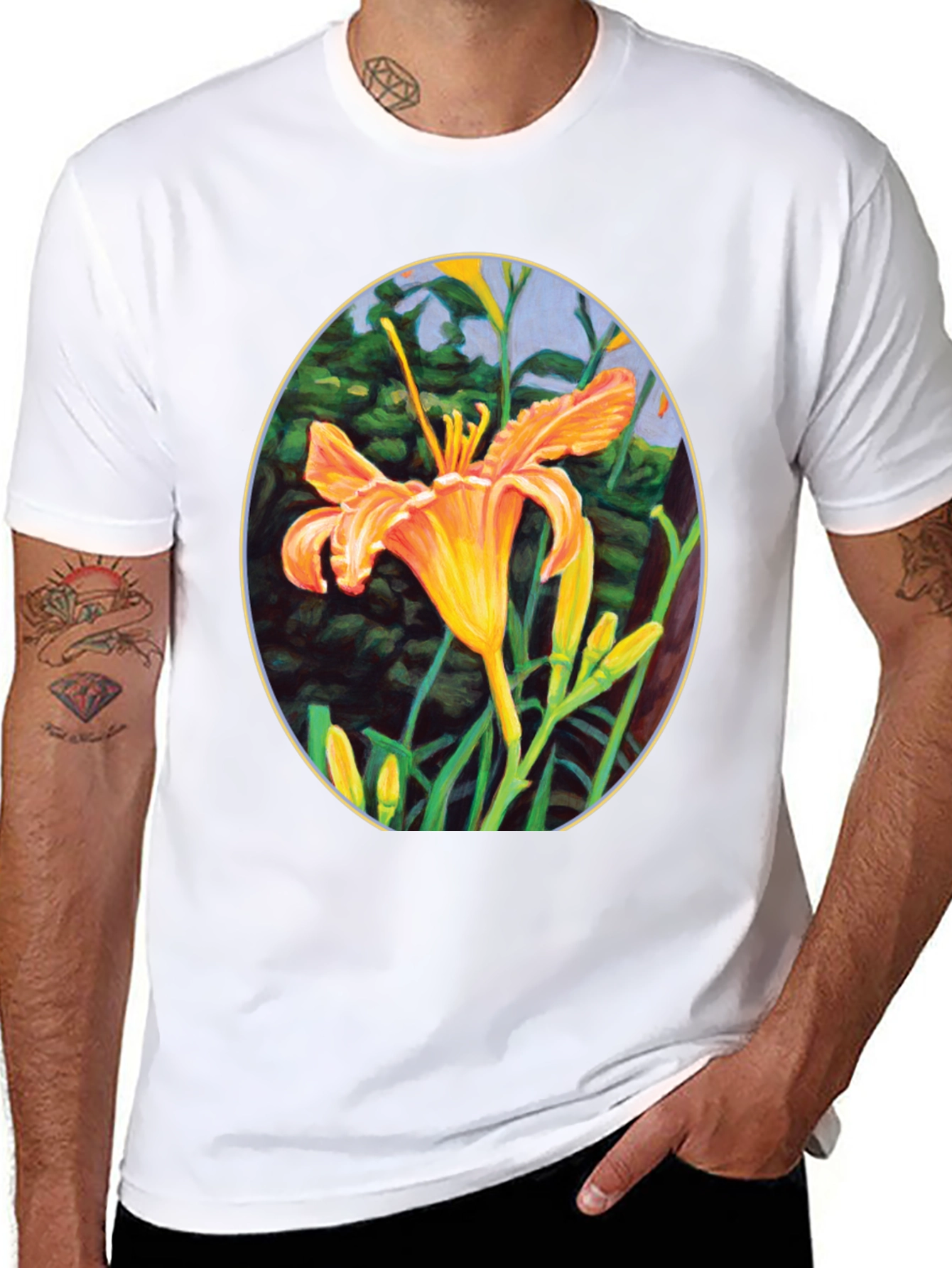 Floral Lily Graphic Tee - Black Crew Neck