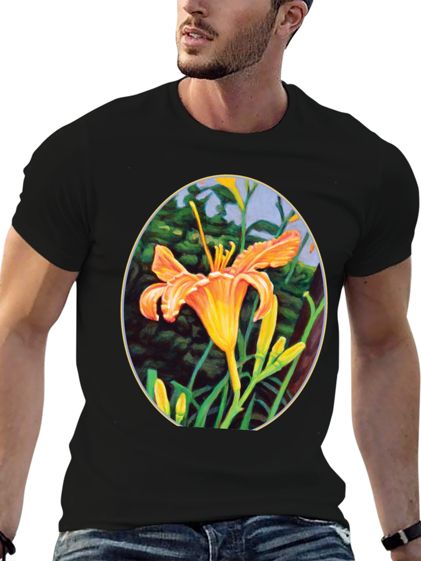 Floral Lily Graphic Tee - Black Crew Neck
