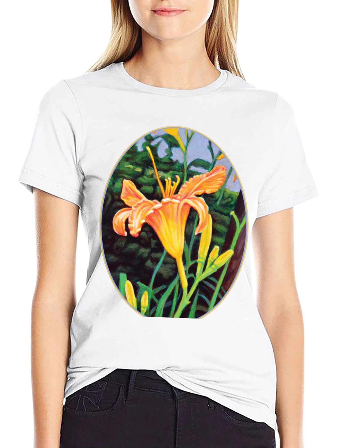 Floral Lily Graphic Tee - Black Crew Neck