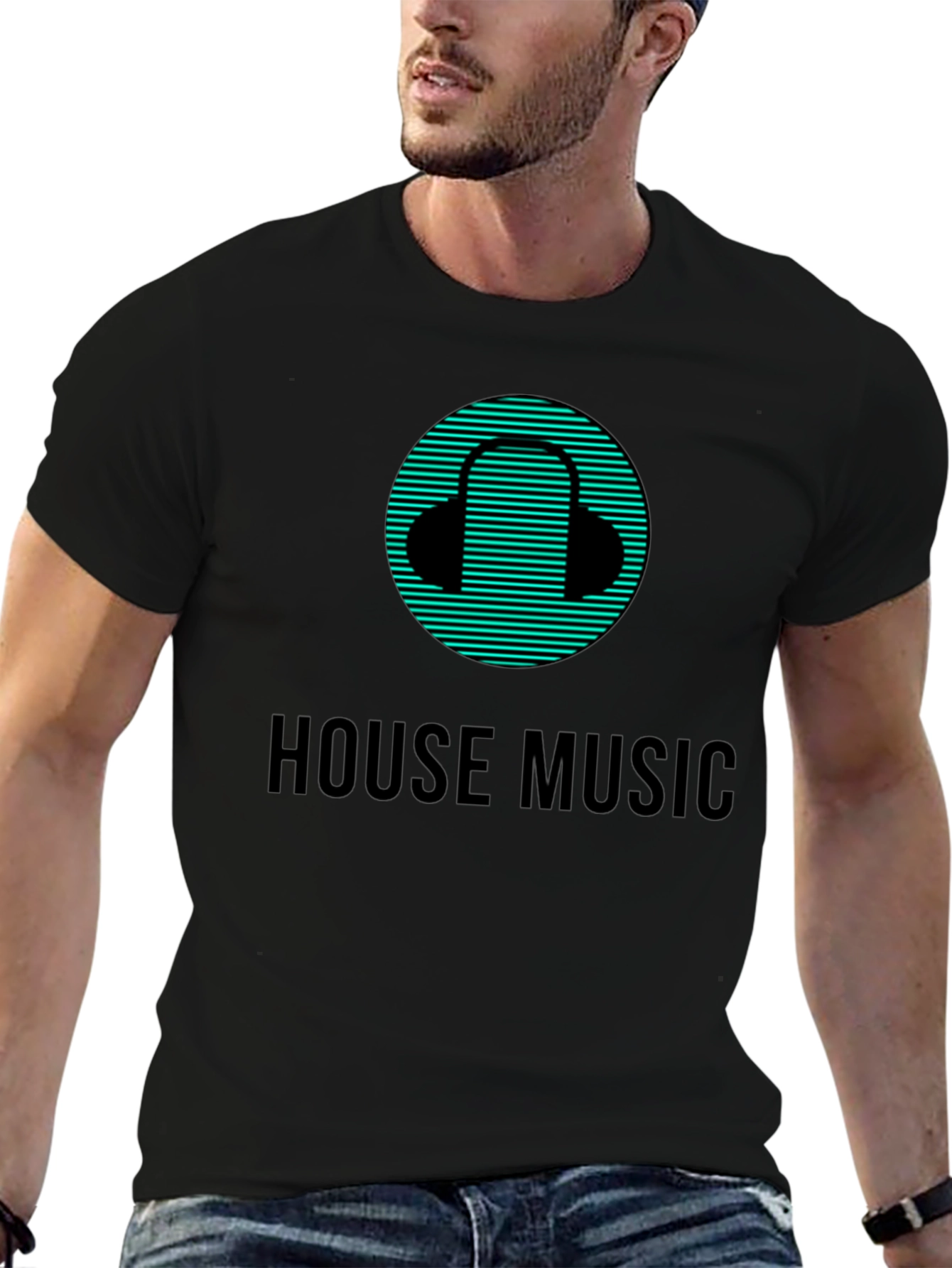 House Music Black T-Shirt with Headphone Design