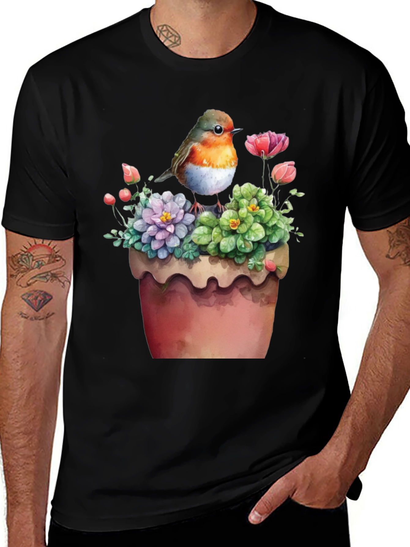 Bird & Flower Pot T-Shirt - Unique Graphic Tee