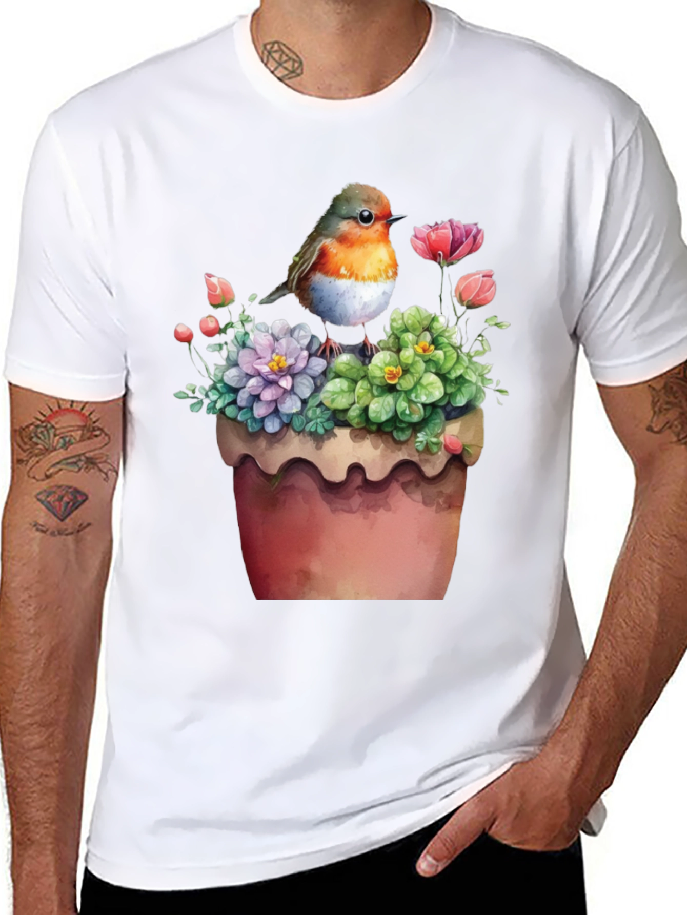 Bird & Flower Pot T-Shirt - Unique Graphic Tee