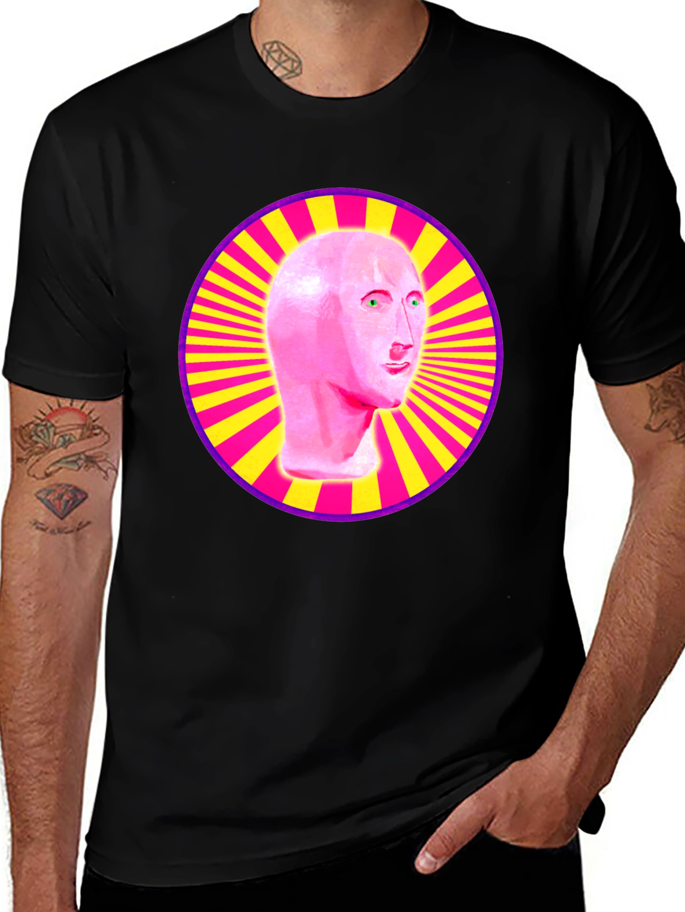 Meme Man Head in Circle Graphic Tee - Black