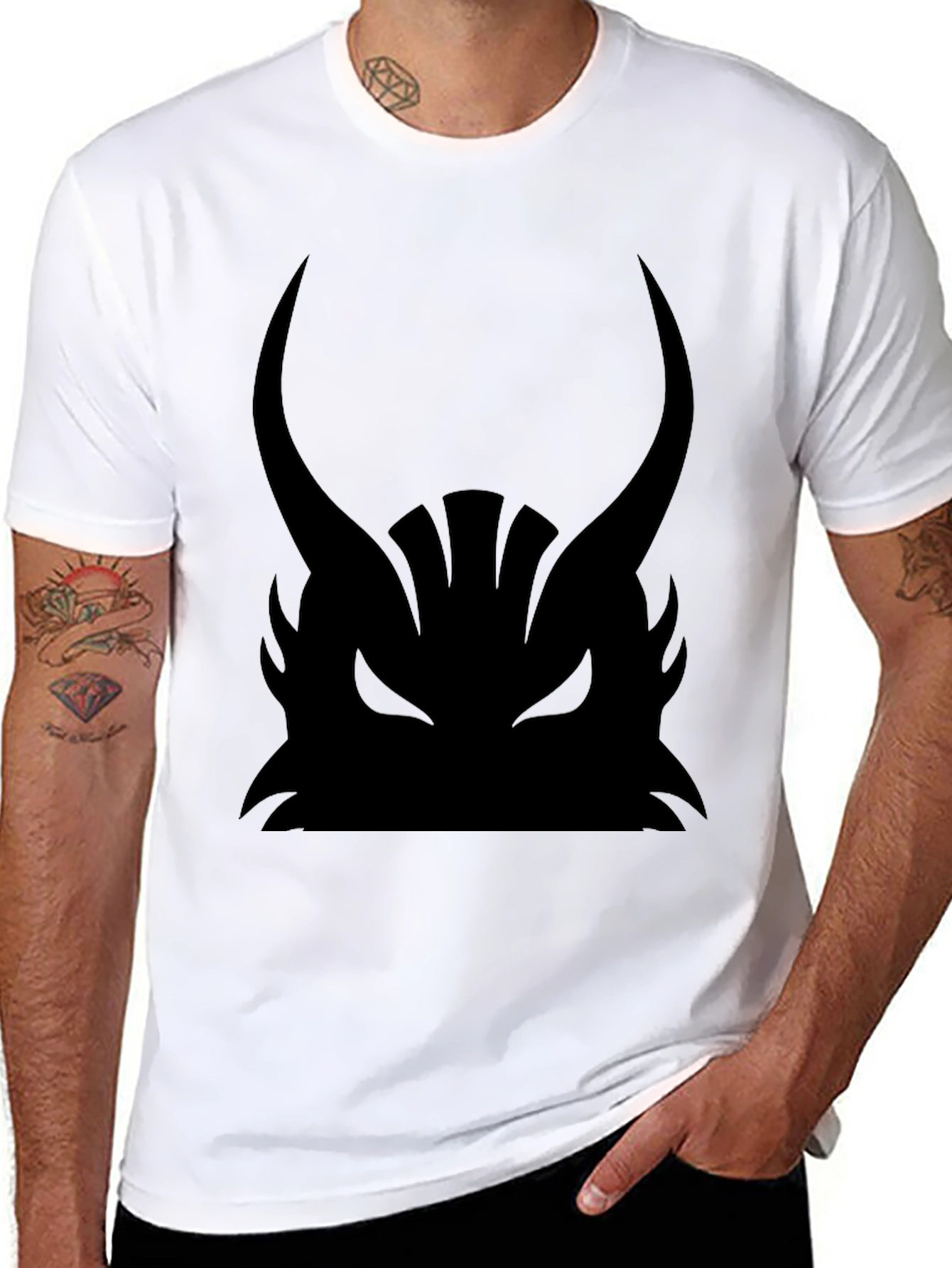 Mens Black Graphic Tee - Samurai Helmet Design