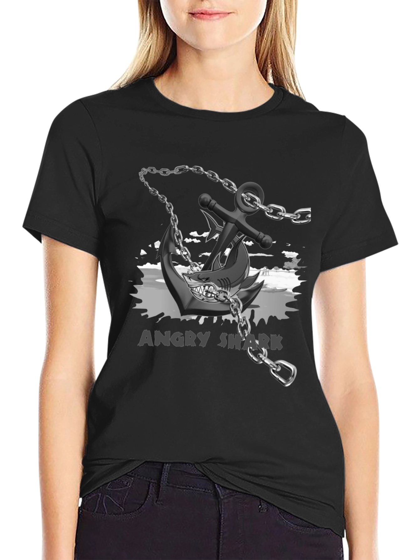 Angry Shark Anchor T-Shirt Black