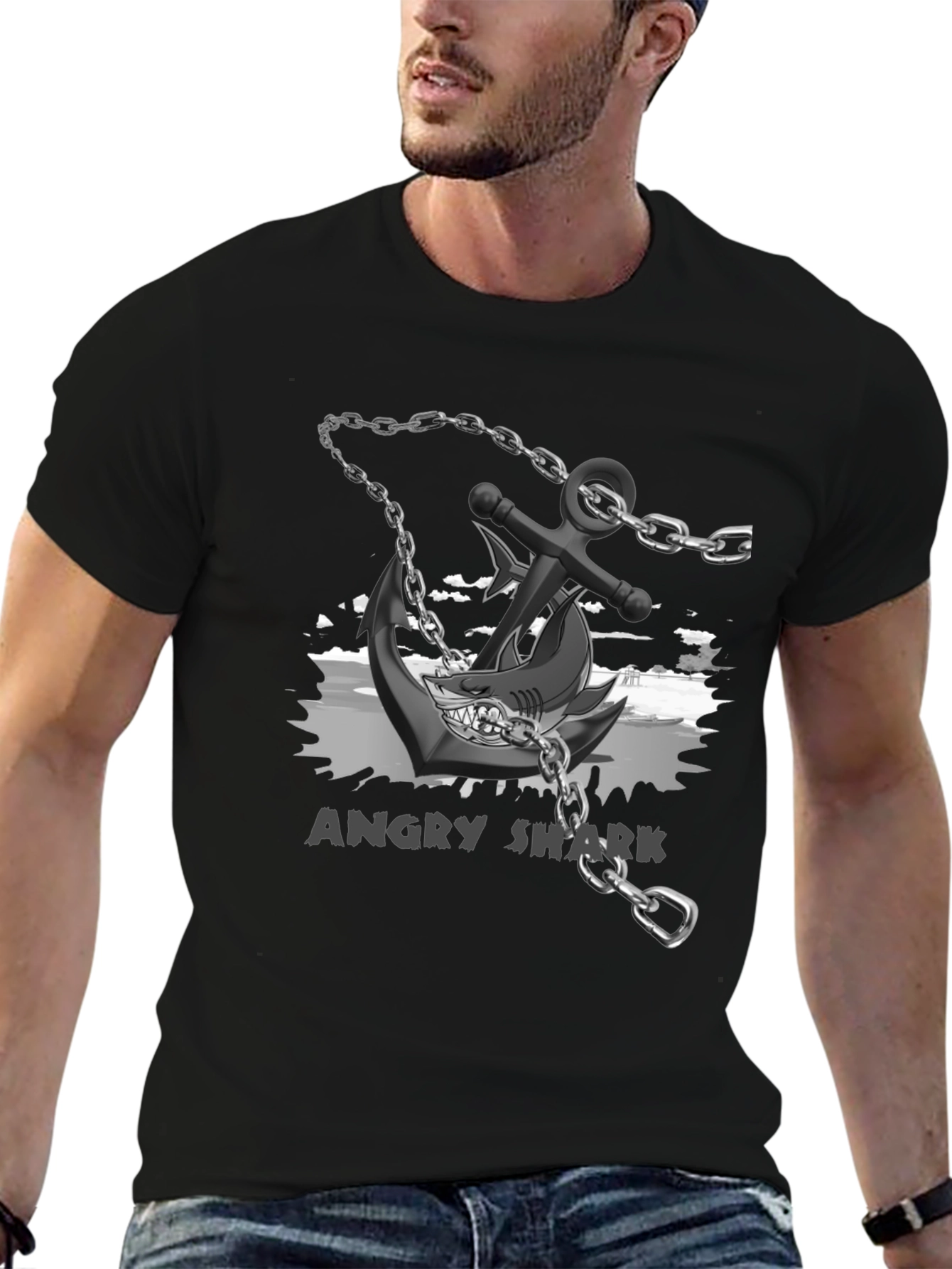 Angry Shark Anchor T-Shirt Black
