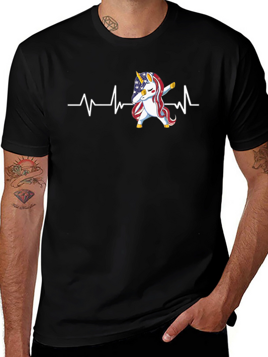 Patriotic Unicorn Dabbing ECG Heartbeat Graphic Tee