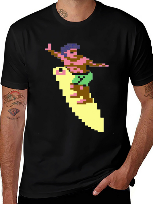 Retro Surfer Pixel Art Black T-Shirt