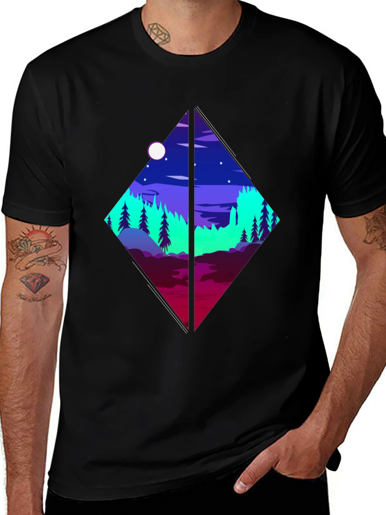 Geometric Landscape Graphic Tee - Black Cotton Shirt
