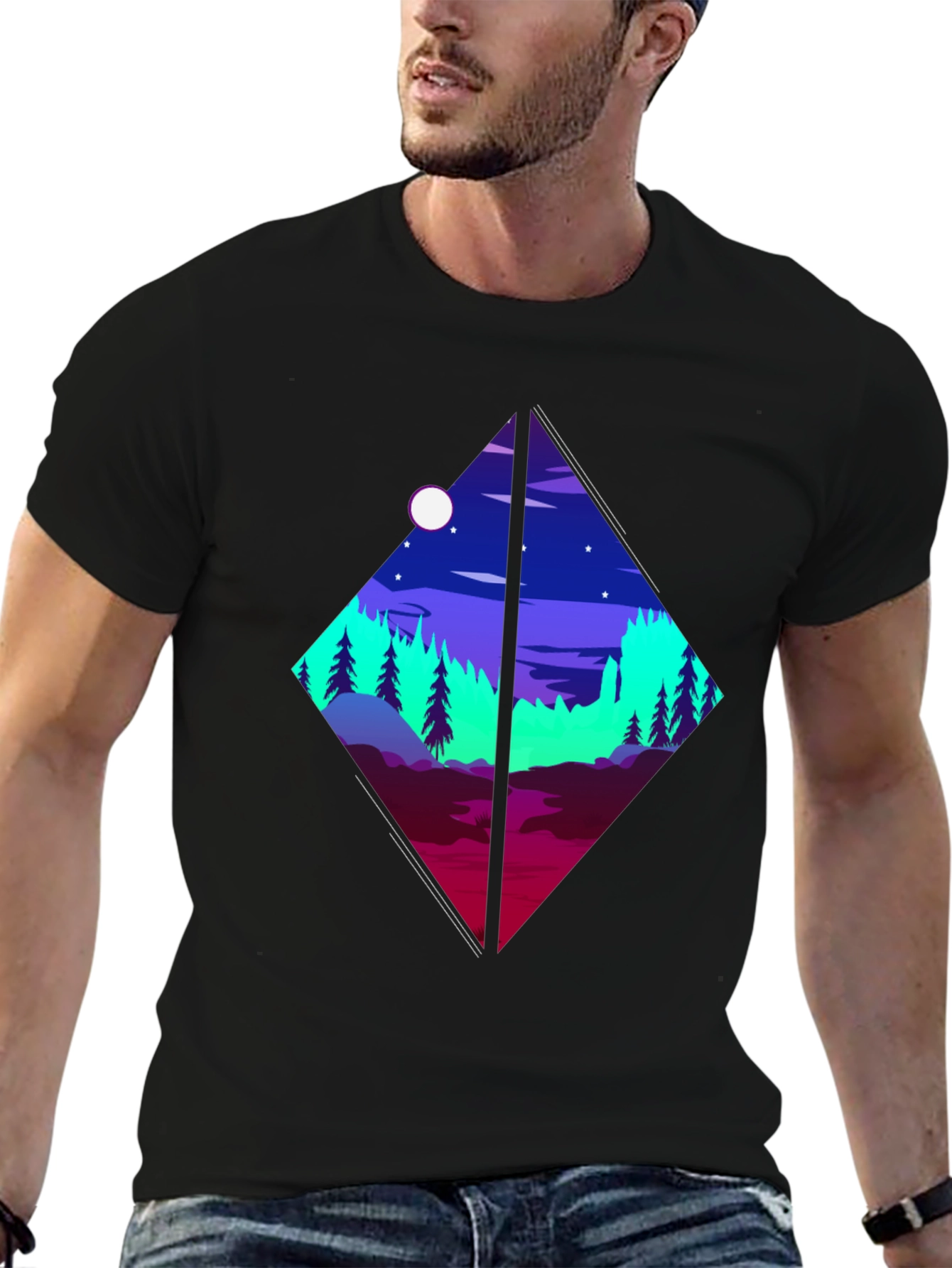Geometric Landscape Graphic Tee - Black Cotton Shirt