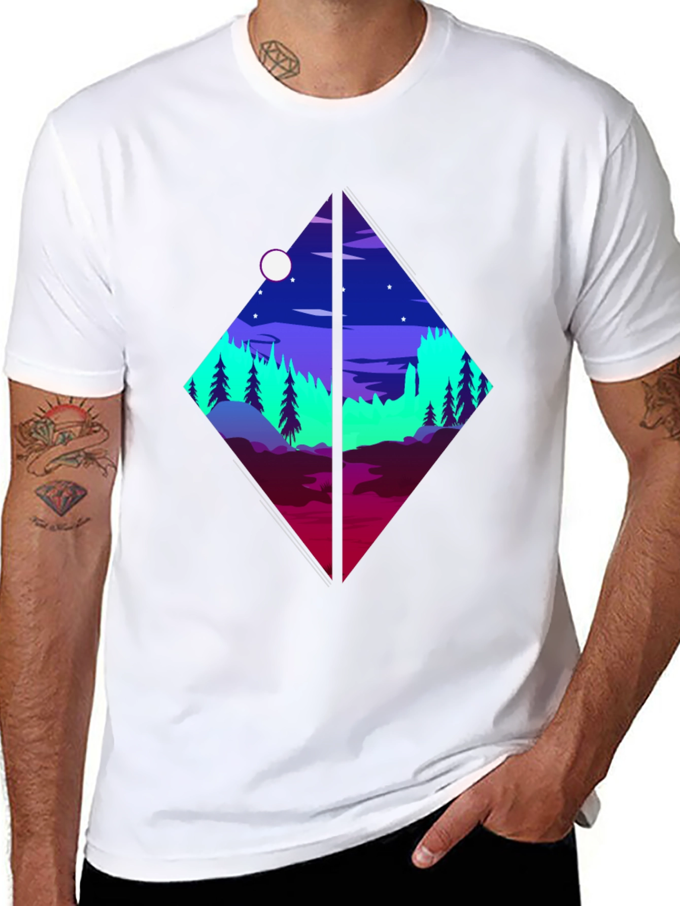 Geometric Landscape Graphic Tee - Black Cotton Shirt