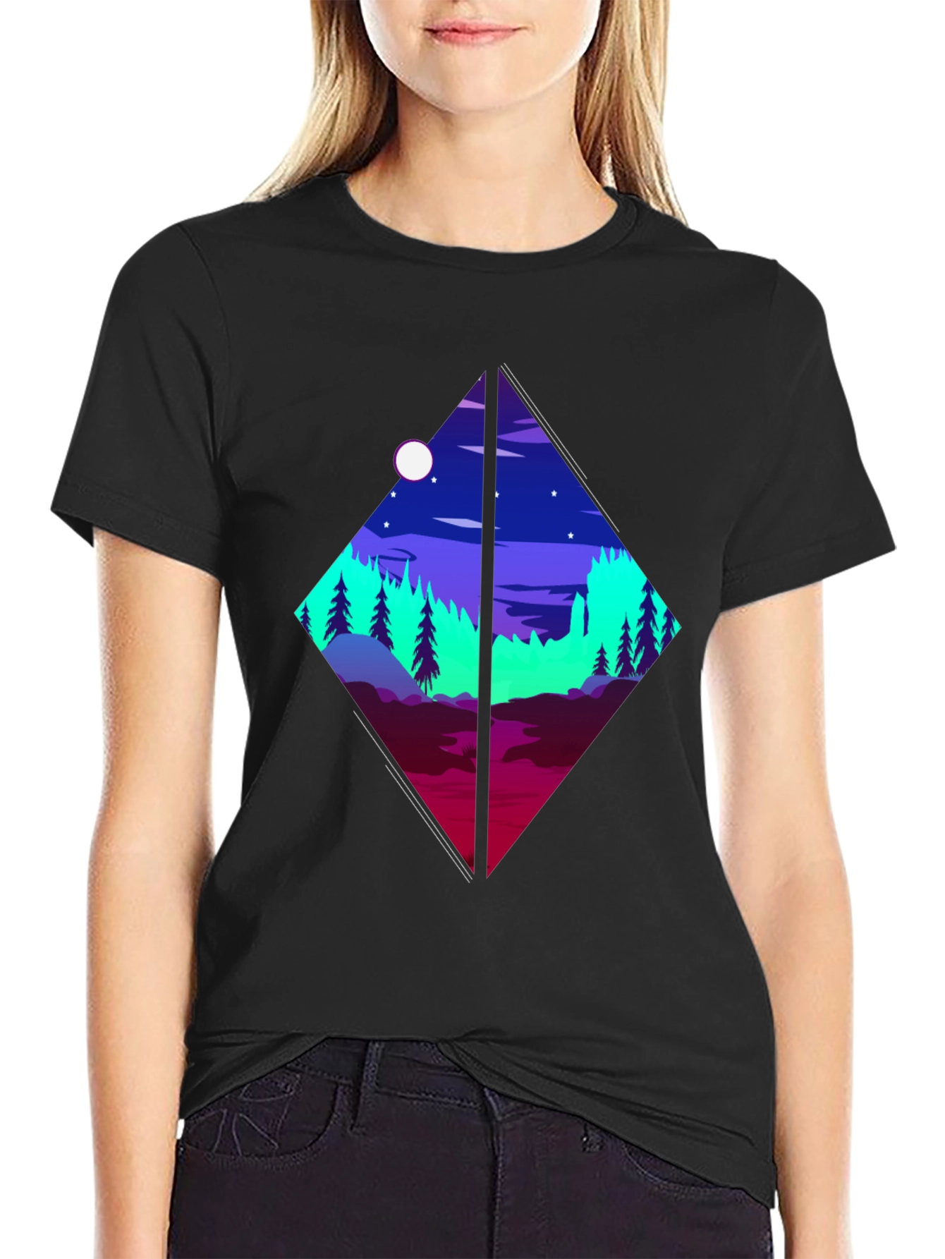 Geometric Landscape Graphic Tee - Black Cotton Shirt