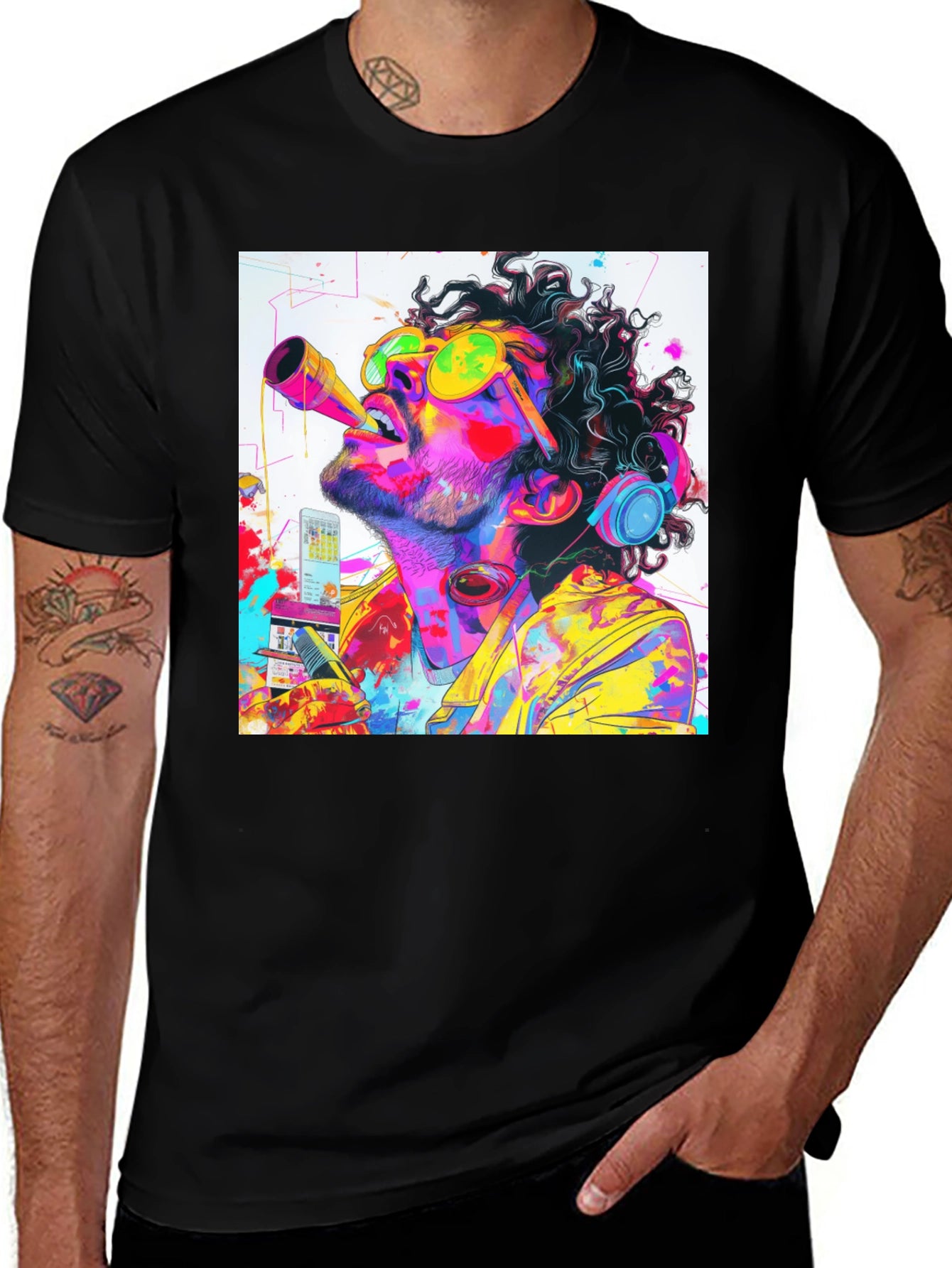 Neon Art Black Tee - Artistic Music Lover