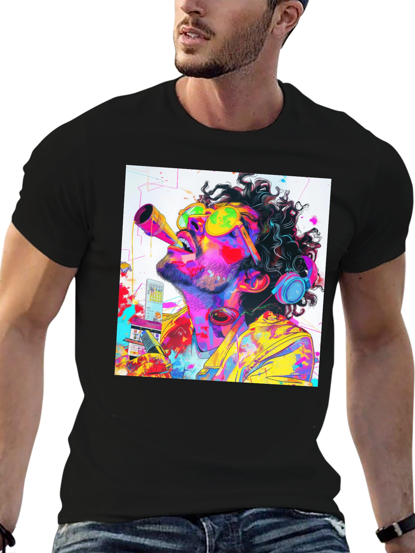 Neon Art Black Tee - Artistic Music Lover