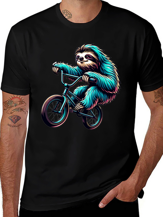 Sloth on Bike Graphic Tee - Cool Black T-Shirt