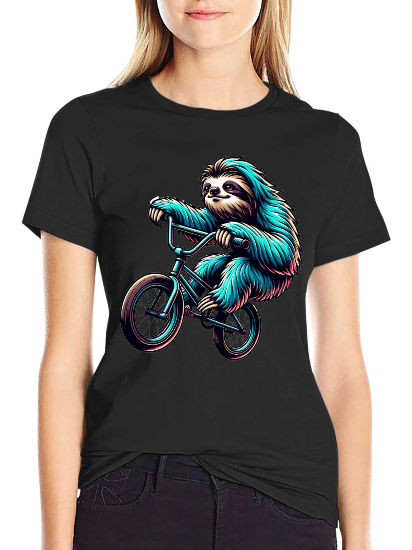 Sloth on Bike Graphic Tee - Cool Black T-Shirt