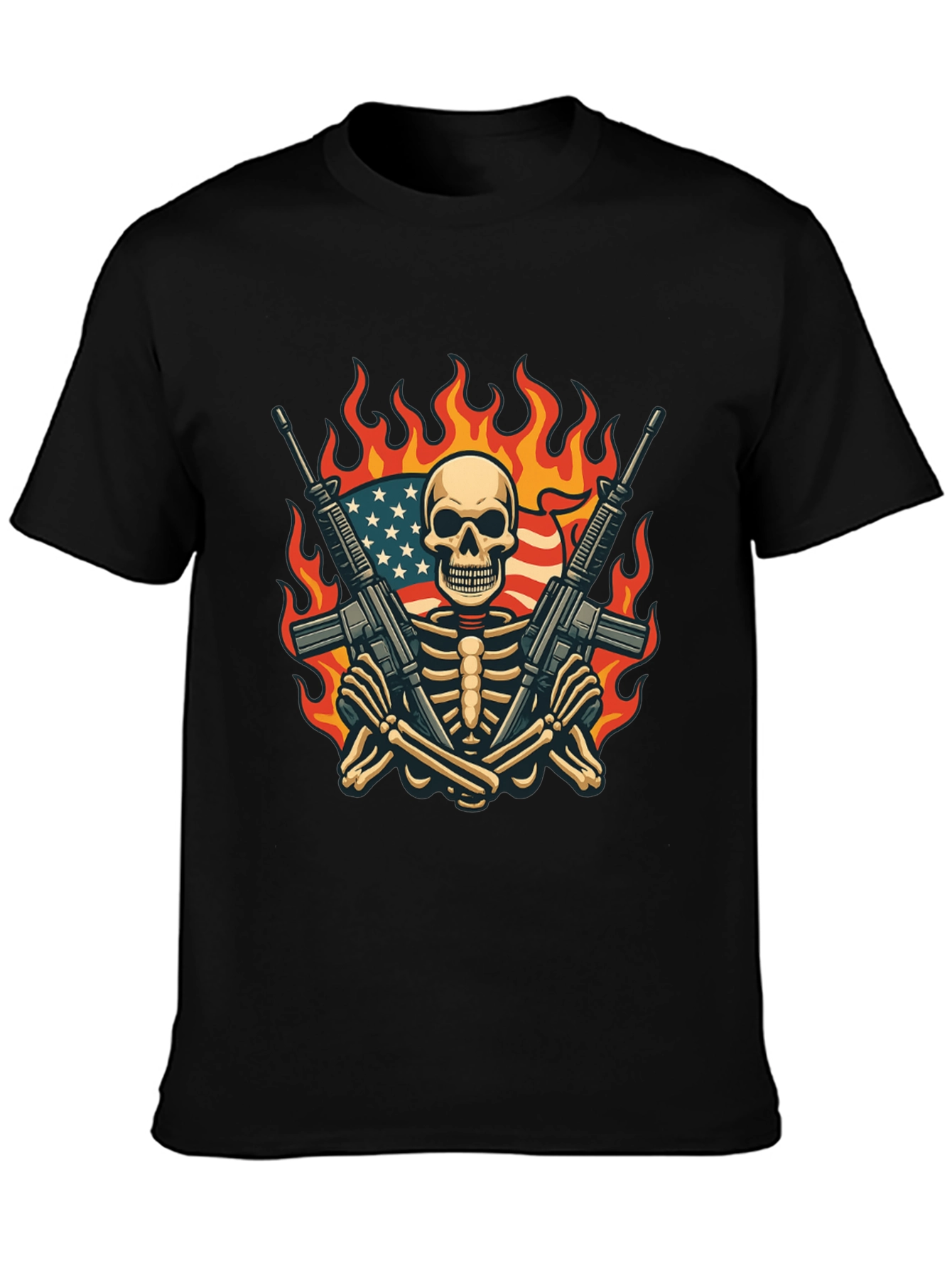 Skeleton with Guns & US Flag T-Shirt