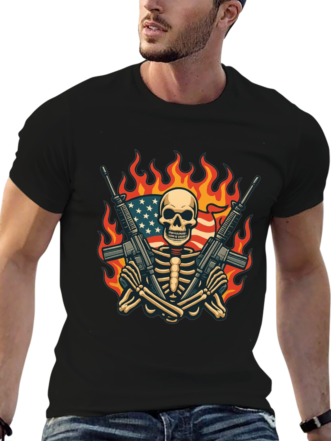 Skeleton with Guns & US Flag T-Shirt
