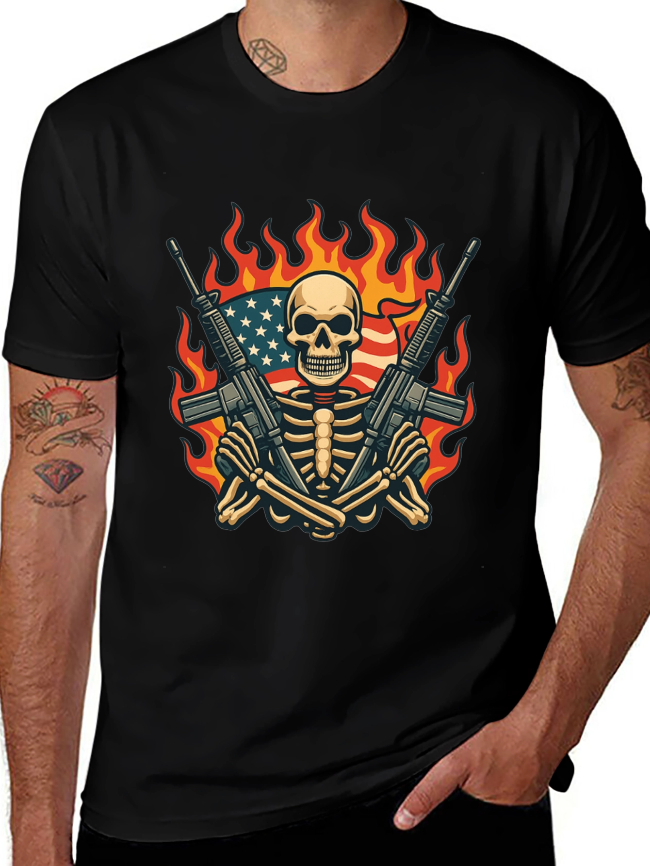 Skeleton with Guns & US Flag T-Shirt