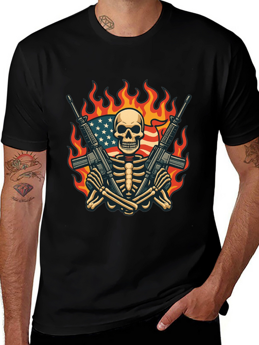 Skeleton with Guns & US Flag T-Shirt