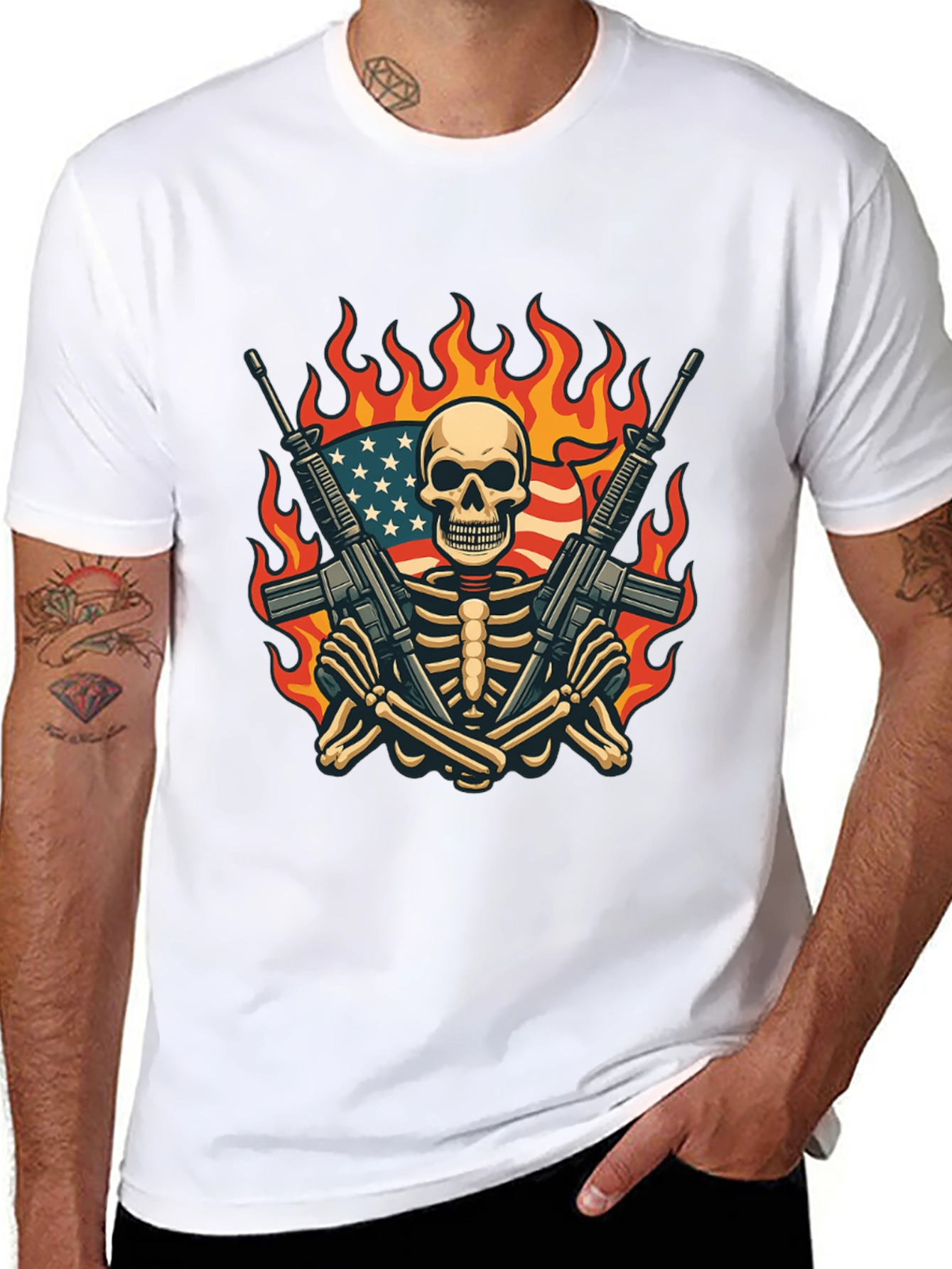 Skeleton with Guns & US Flag T-Shirt