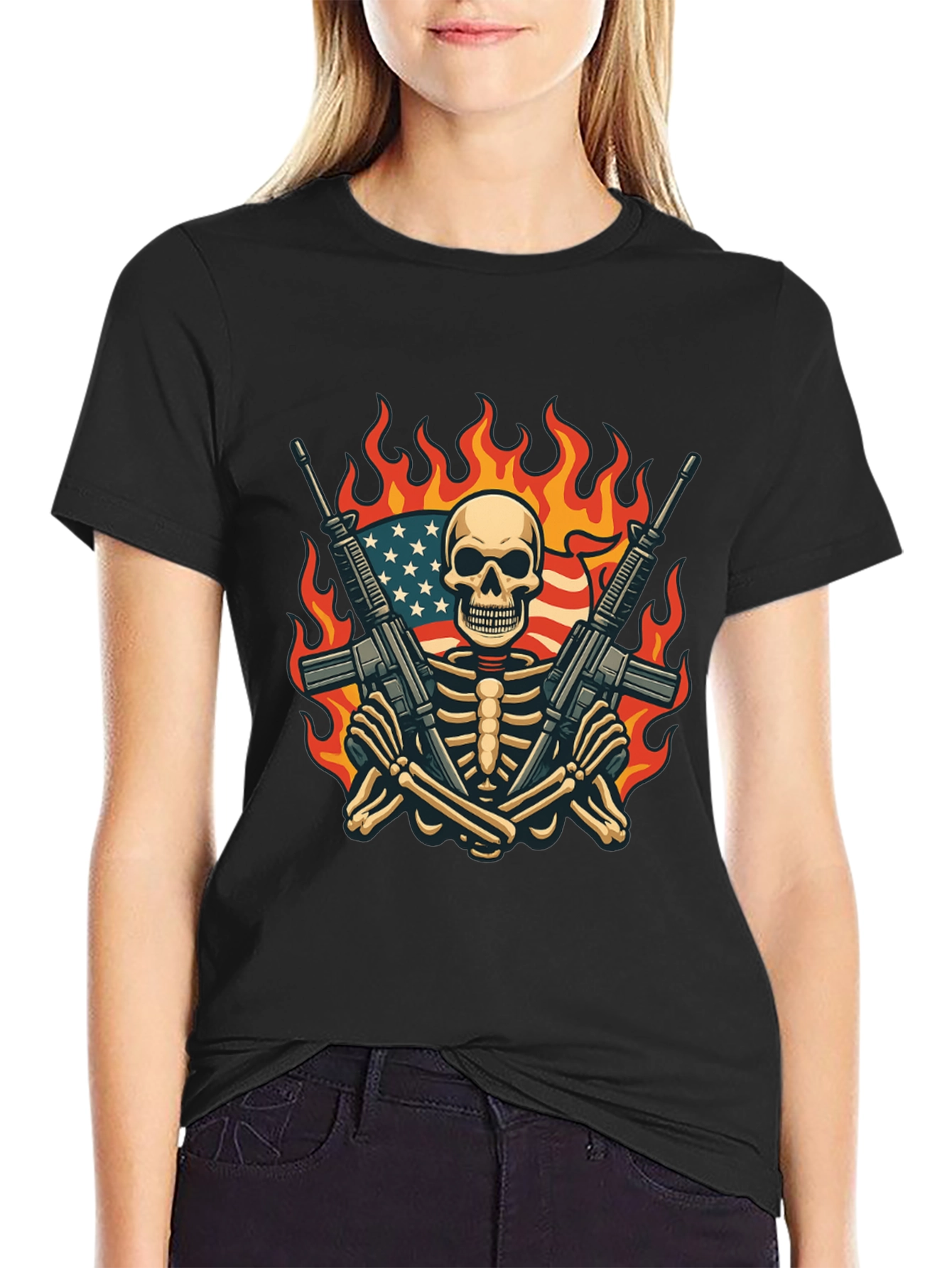 Skeleton with Guns & US Flag T-Shirt