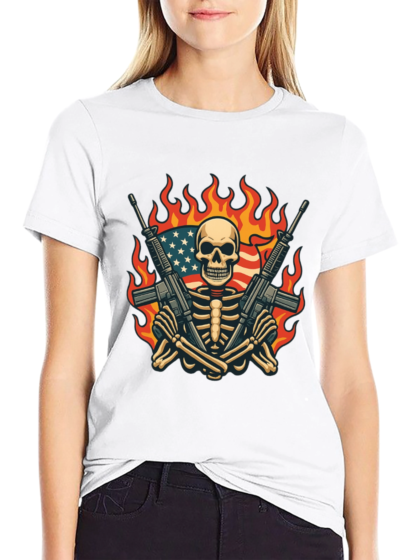 Skeleton with Guns & US Flag T-Shirt