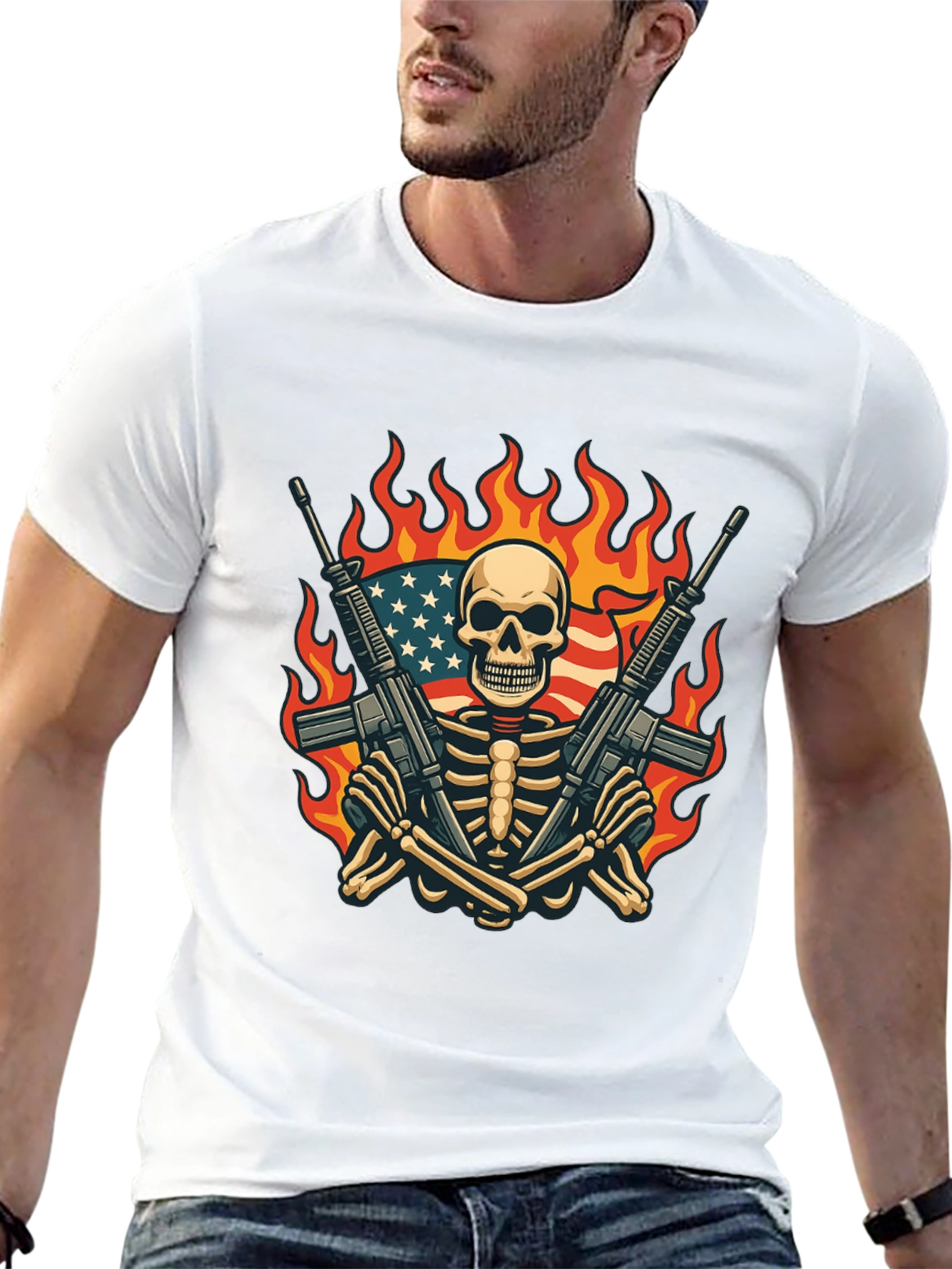 Skeleton with Guns & US Flag T-Shirt