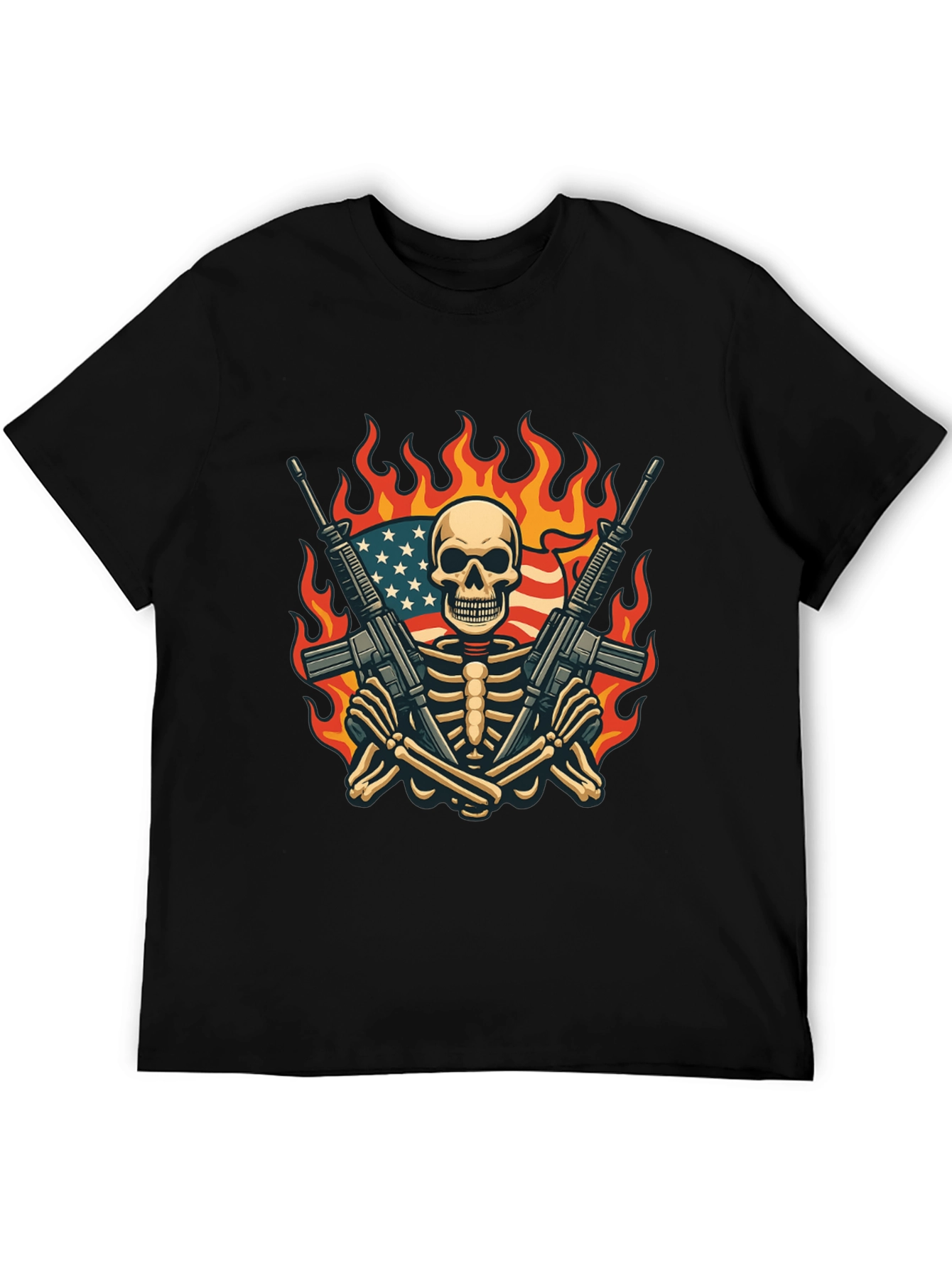 Skeleton with Guns & US Flag T-Shirt