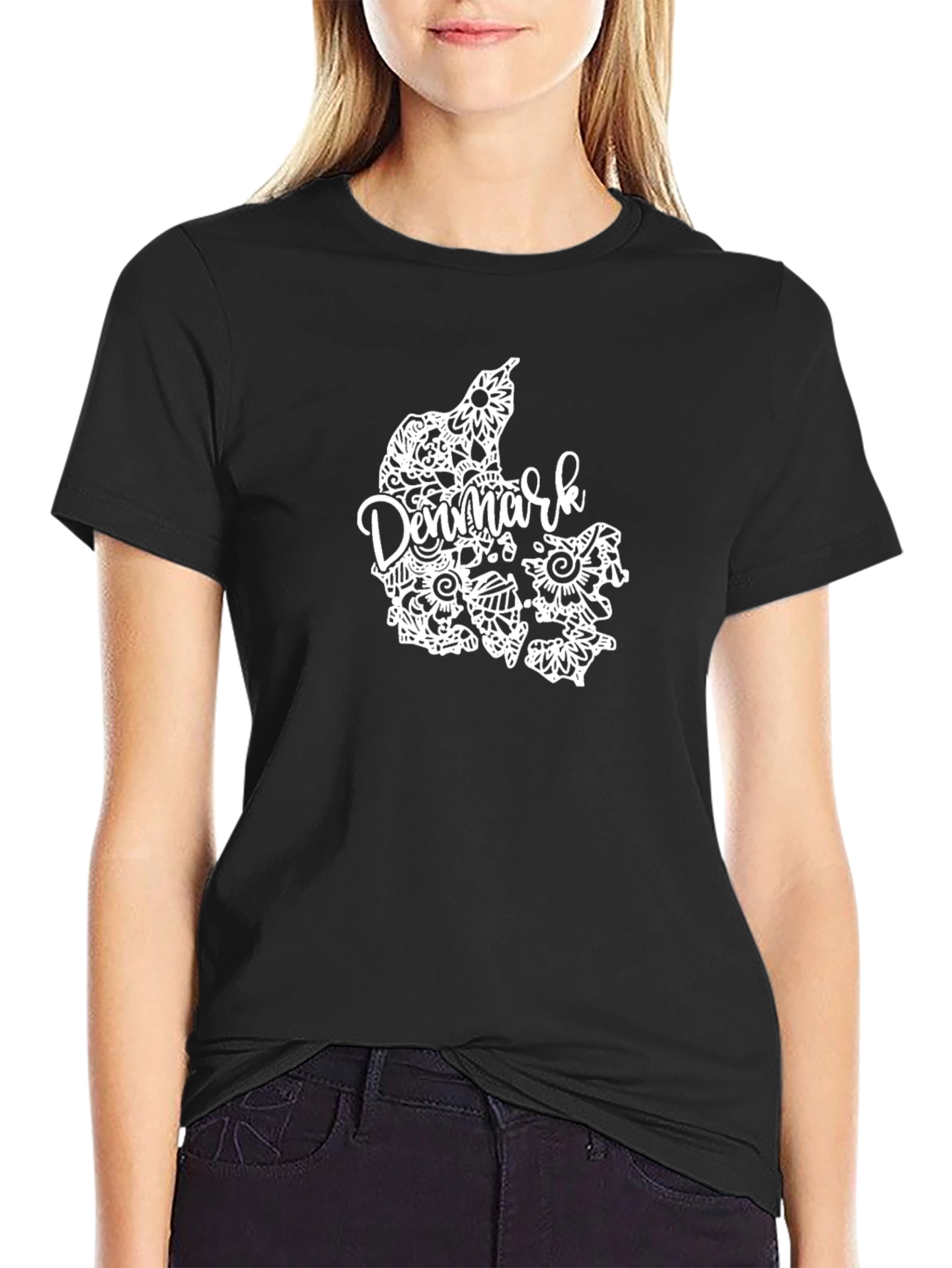 Denmark Map Floral Design Black T-Shirt