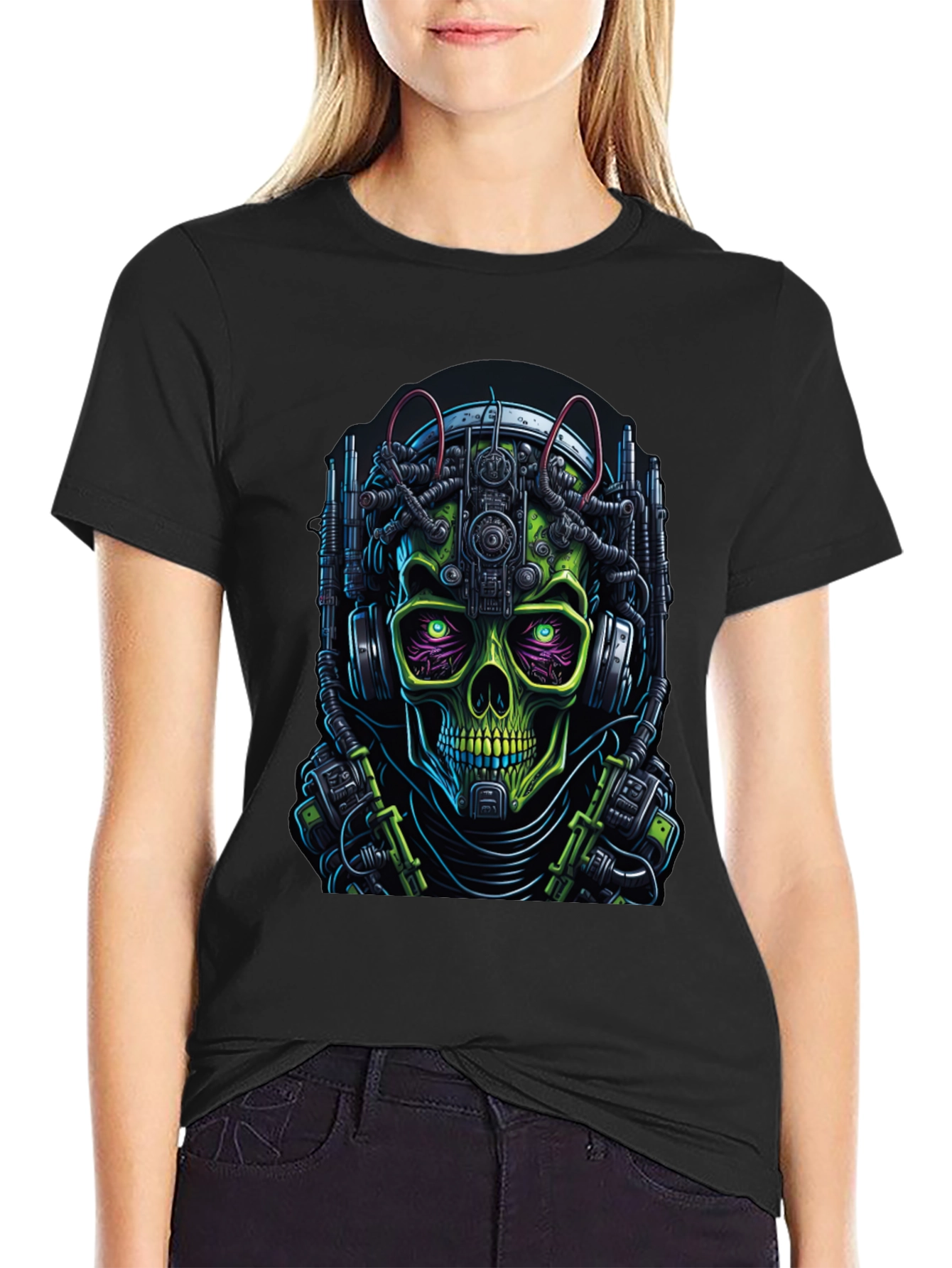 Cyberpunk Skull Graphic Tee - Futuristic Skeleton Shirt