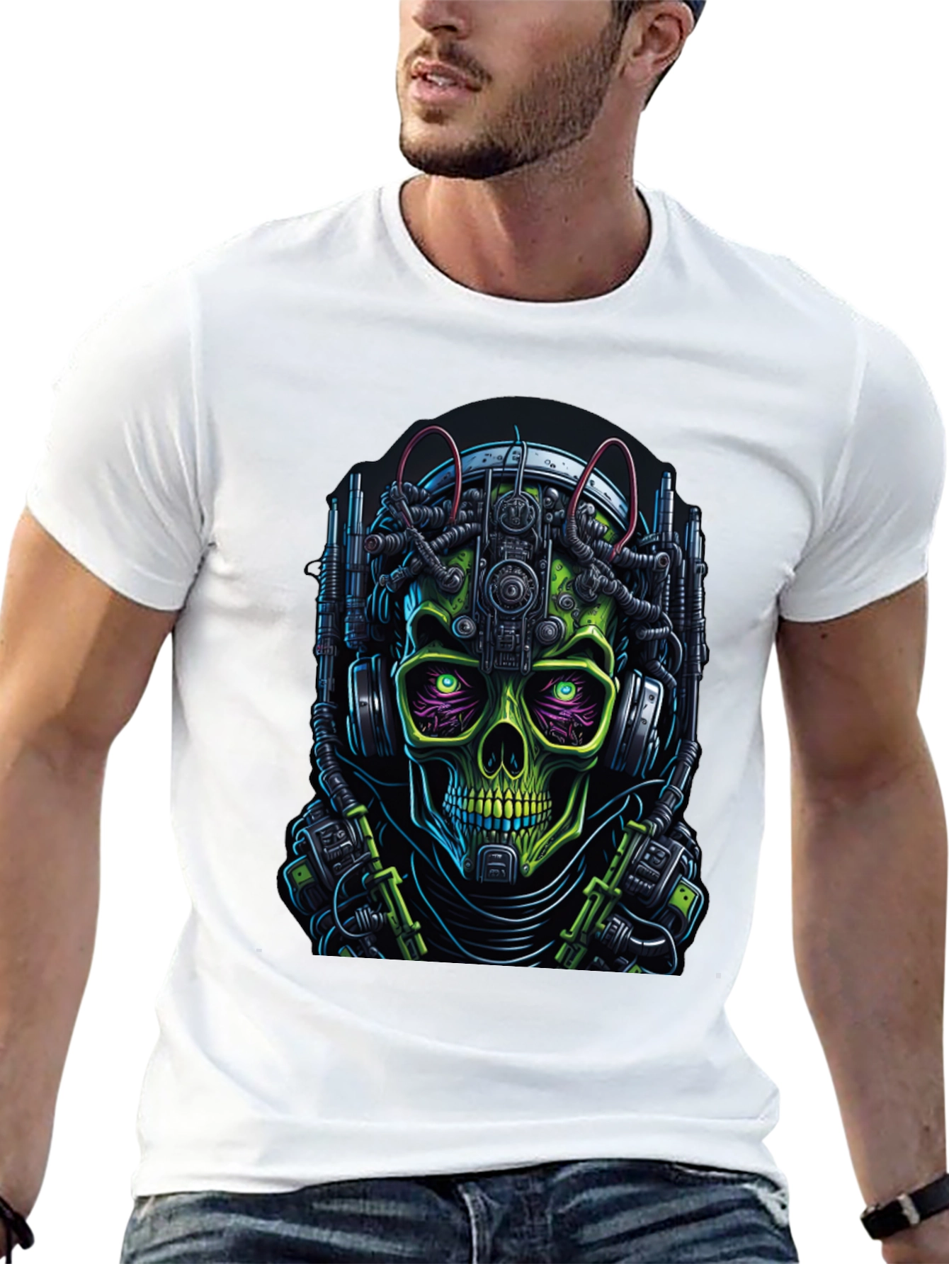 Cyberpunk Skull Graphic Tee - Futuristic Skeleton Shirt