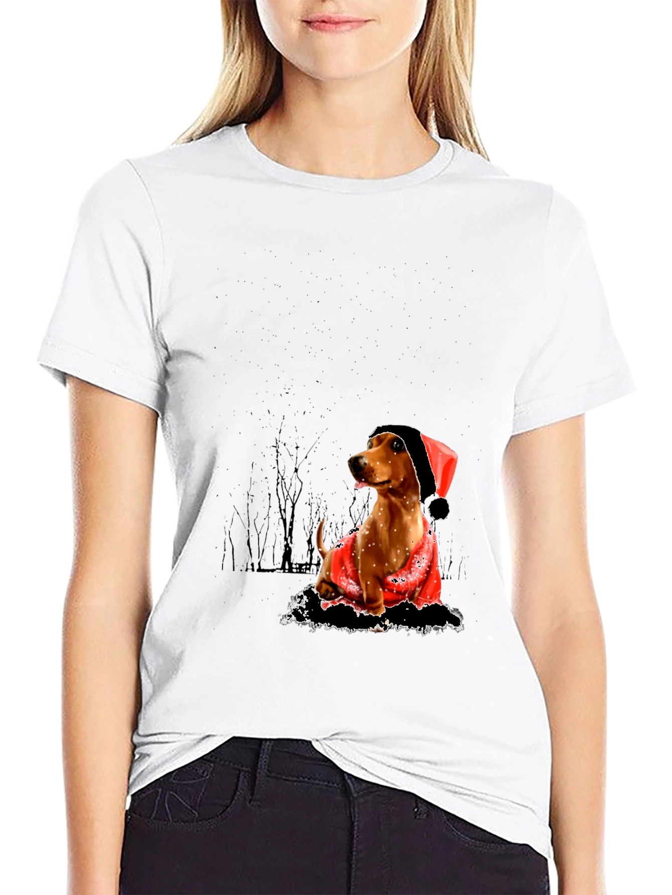 Dog with Santa Hat Black T-Shirt