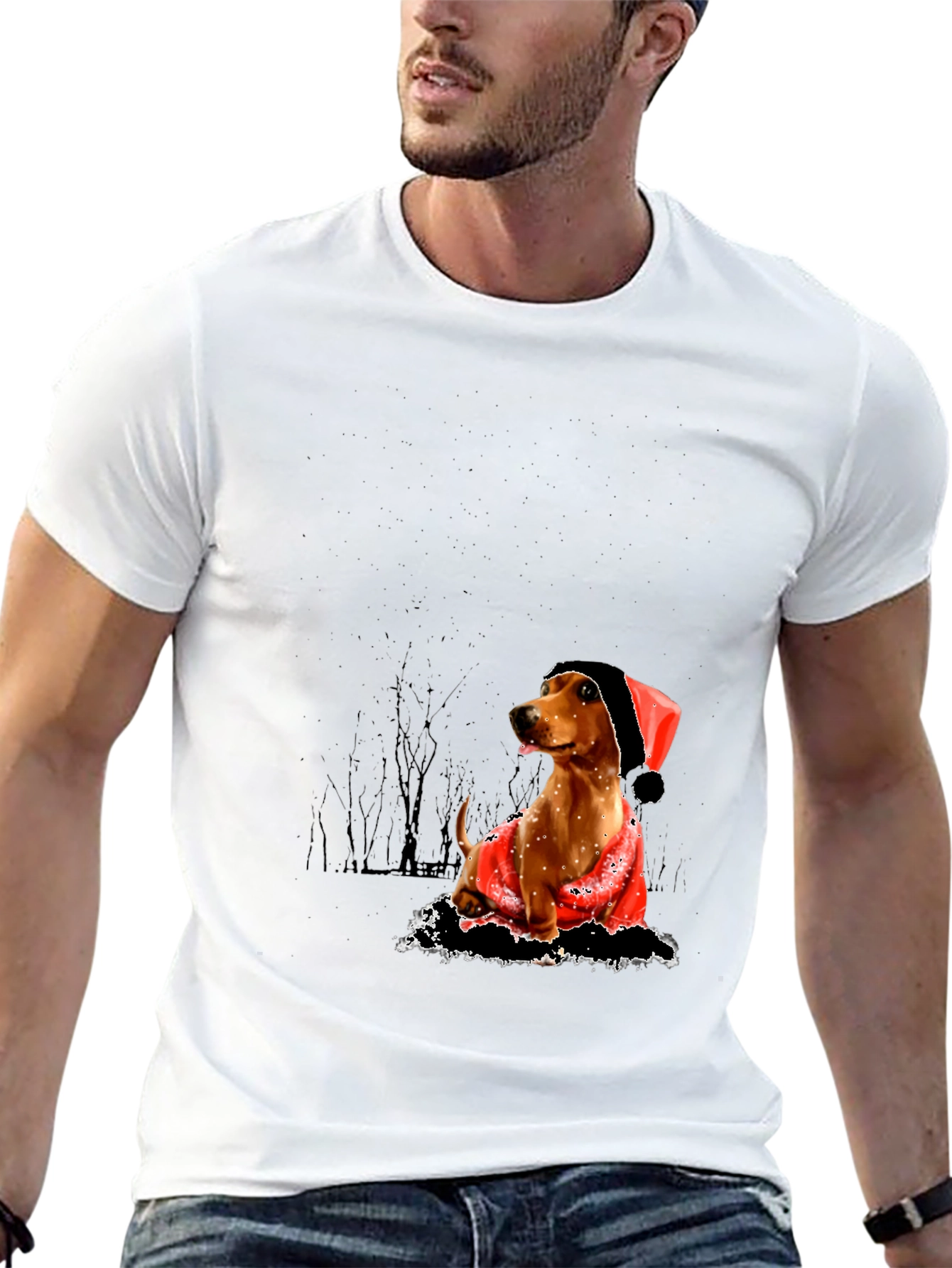 Dog with Santa Hat Black T-Shirt