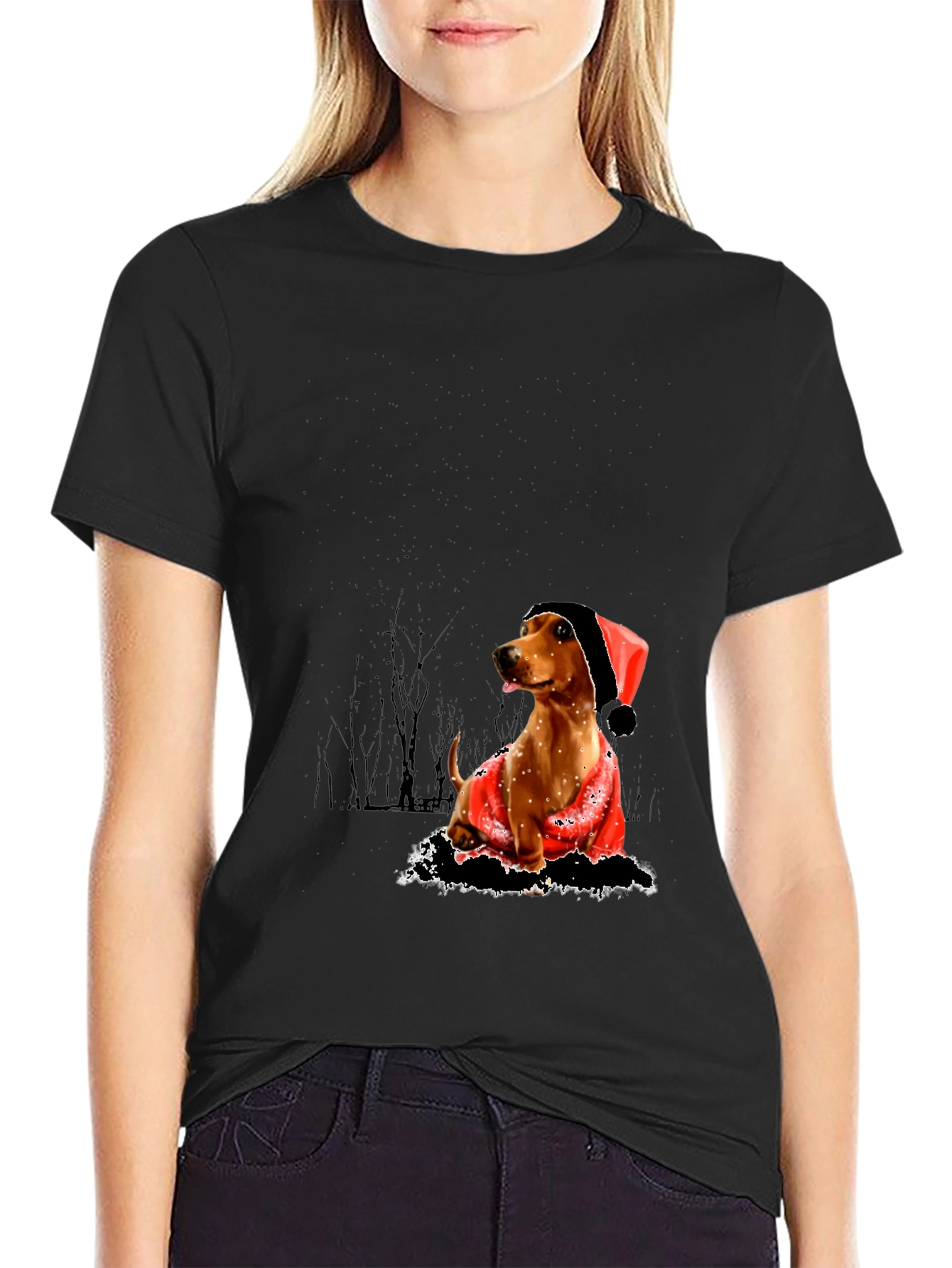 Dog with Santa Hat Black T-Shirt