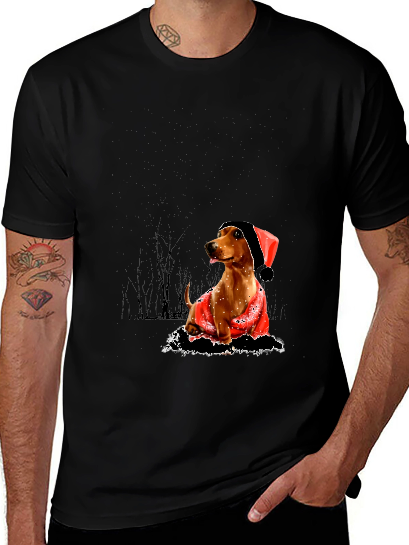Dog with Santa Hat Black T-Shirt