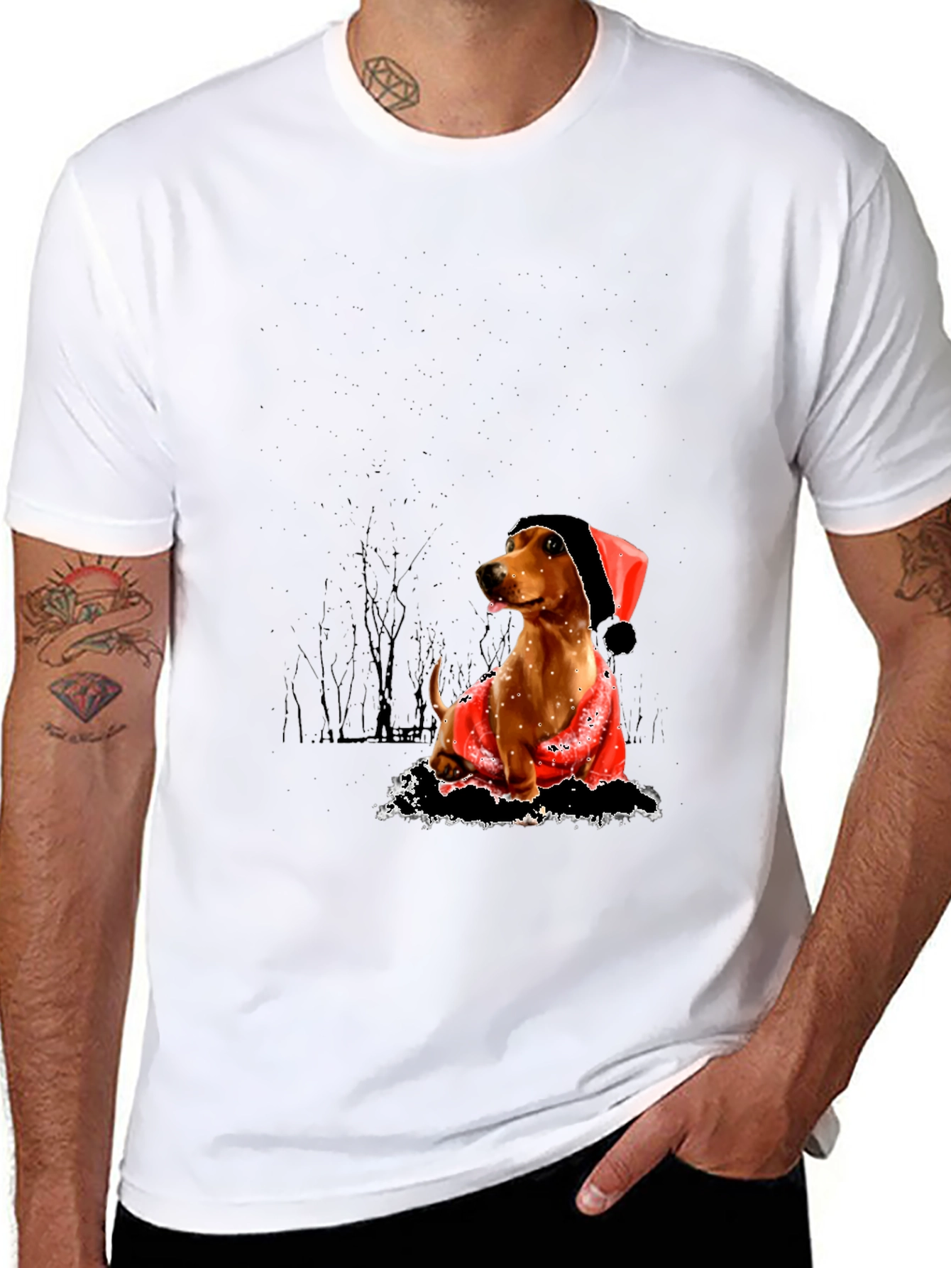 Dog with Santa Hat Black T-Shirt
