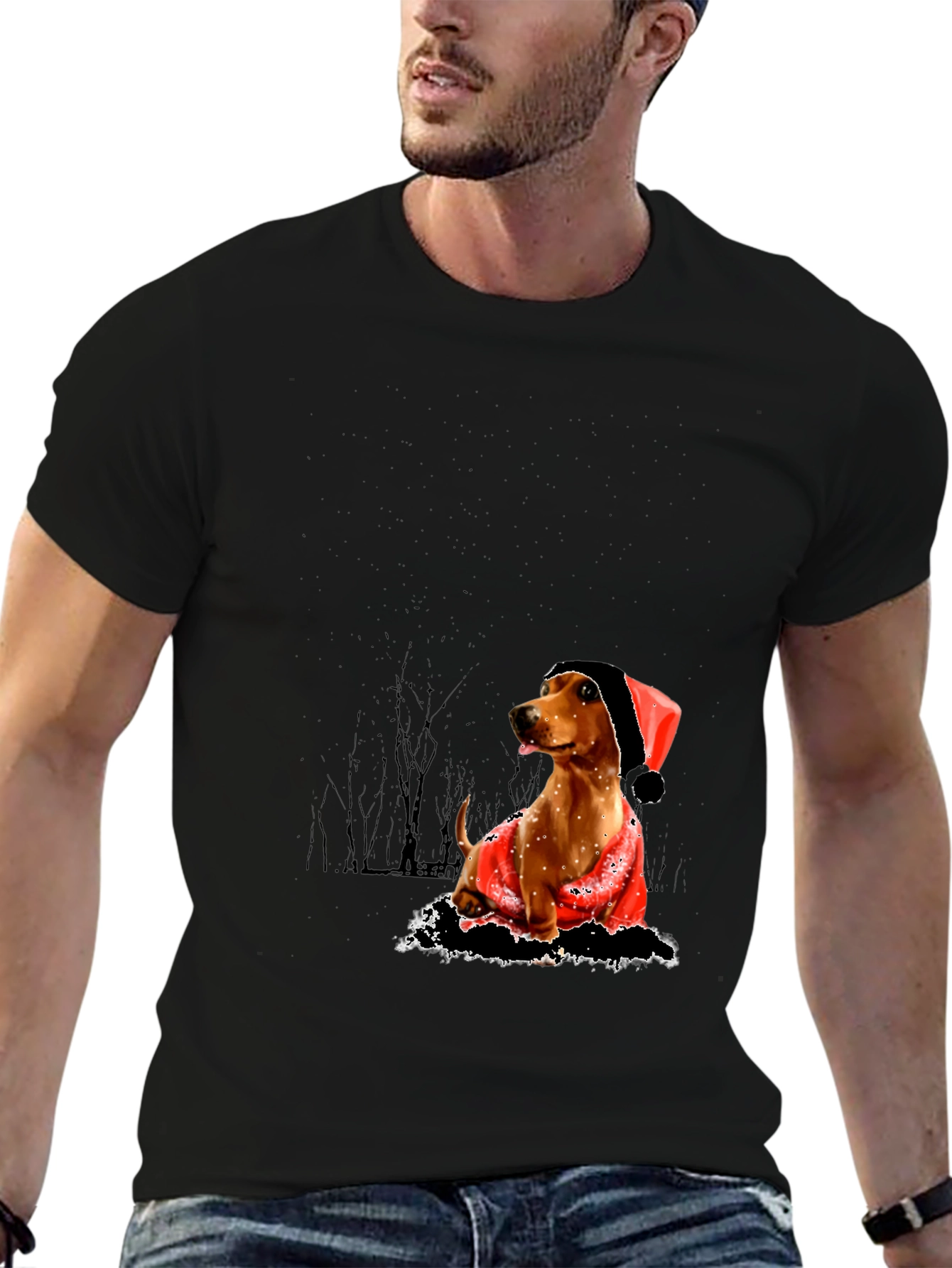 Dog with Santa Hat Black T-Shirt
