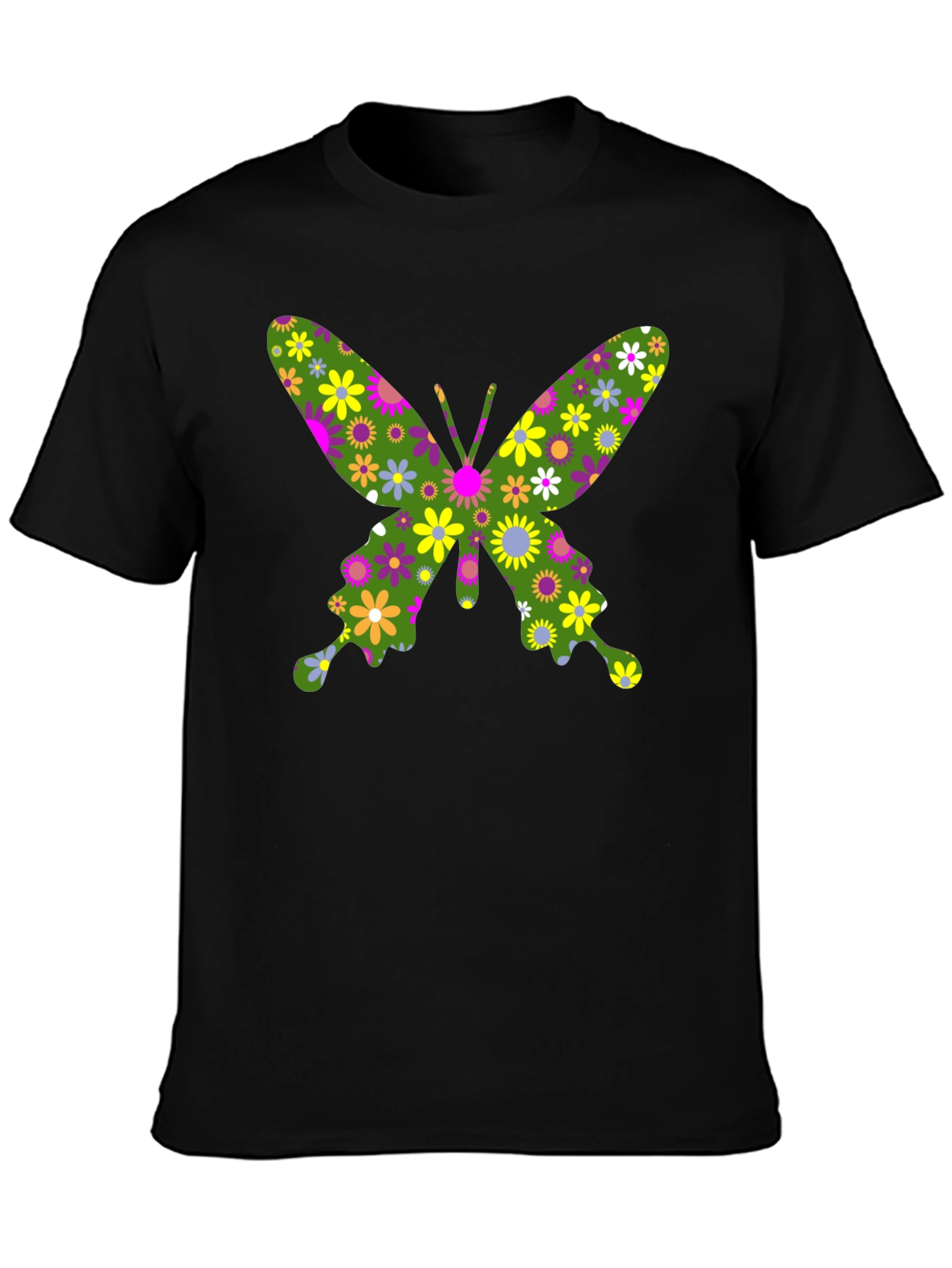Floral Butterfly Graphic T-Shirt - Black Cotton Tee