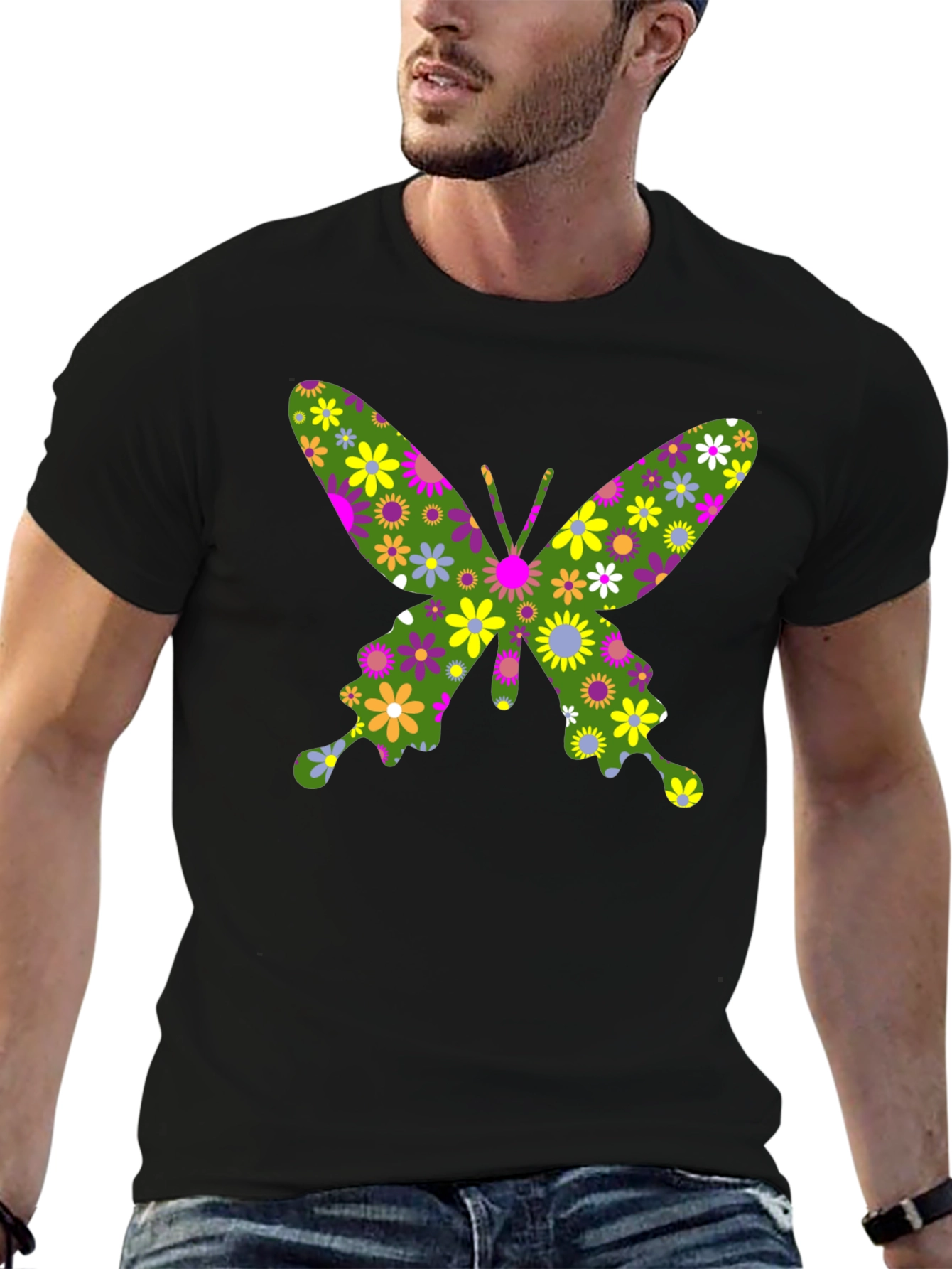 Floral Butterfly Graphic T-Shirt - Black Cotton Tee