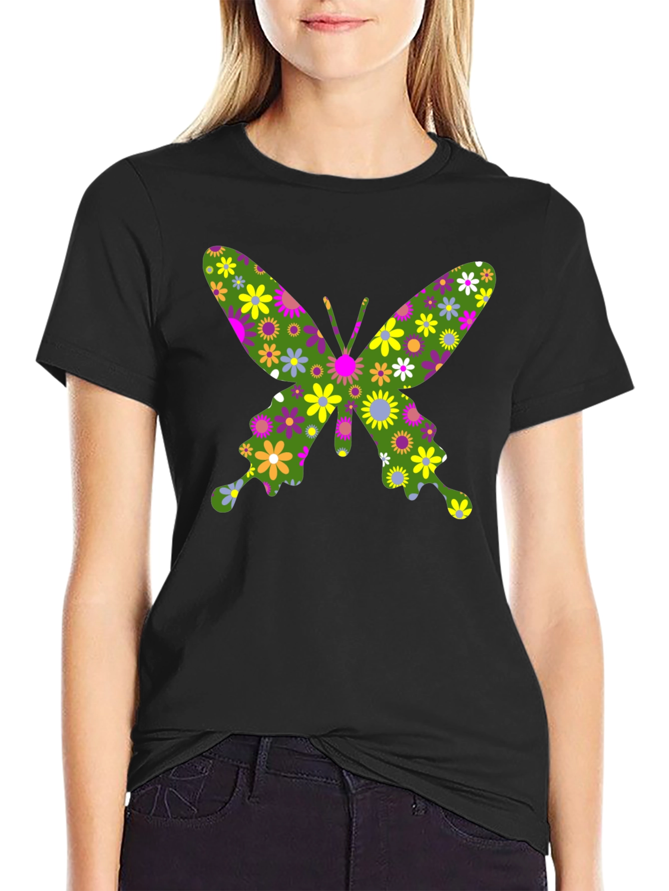 Floral Butterfly Graphic T-Shirt - Black Cotton Tee