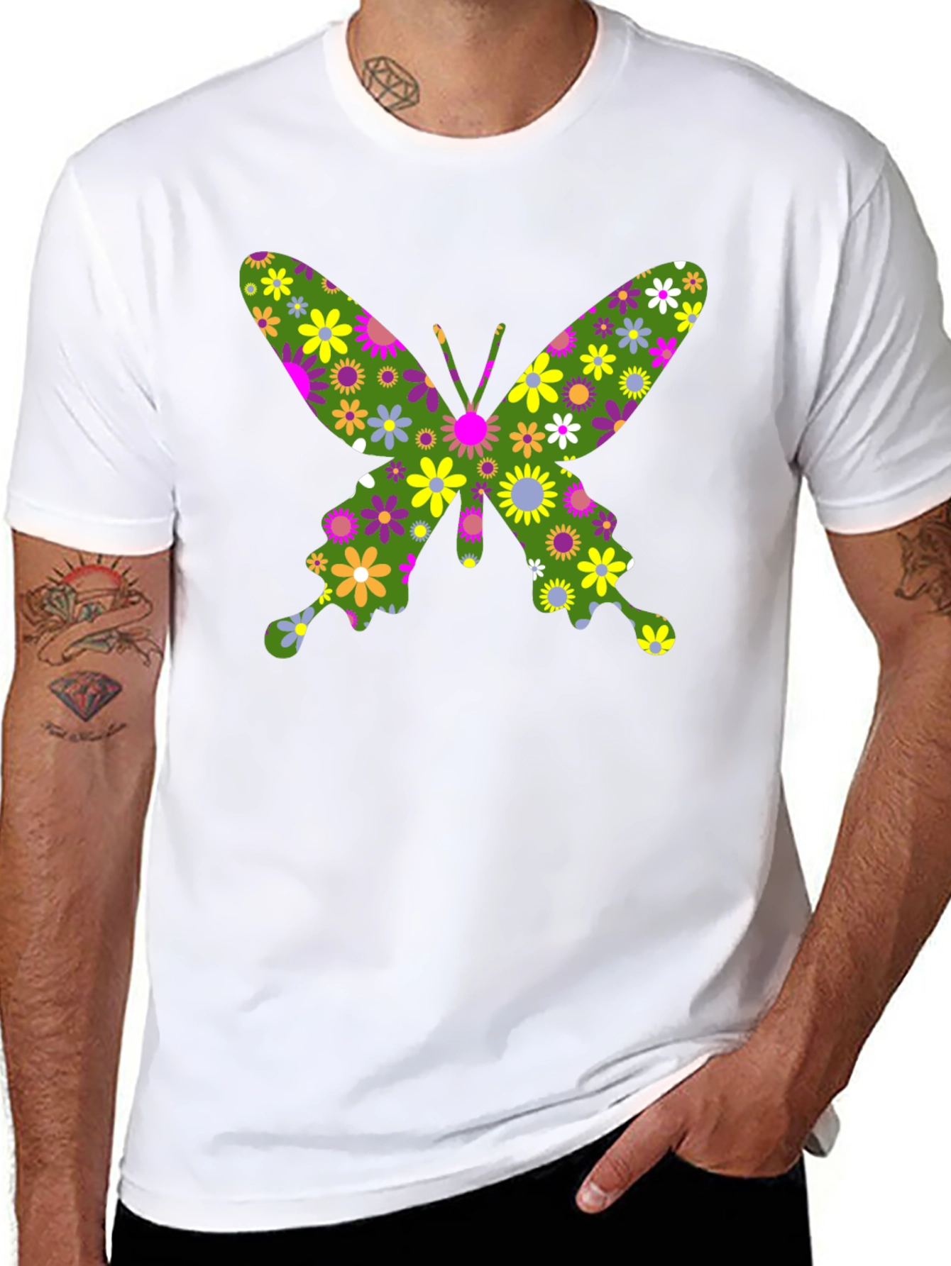 Floral Butterfly Graphic T-Shirt - Black Cotton Tee
