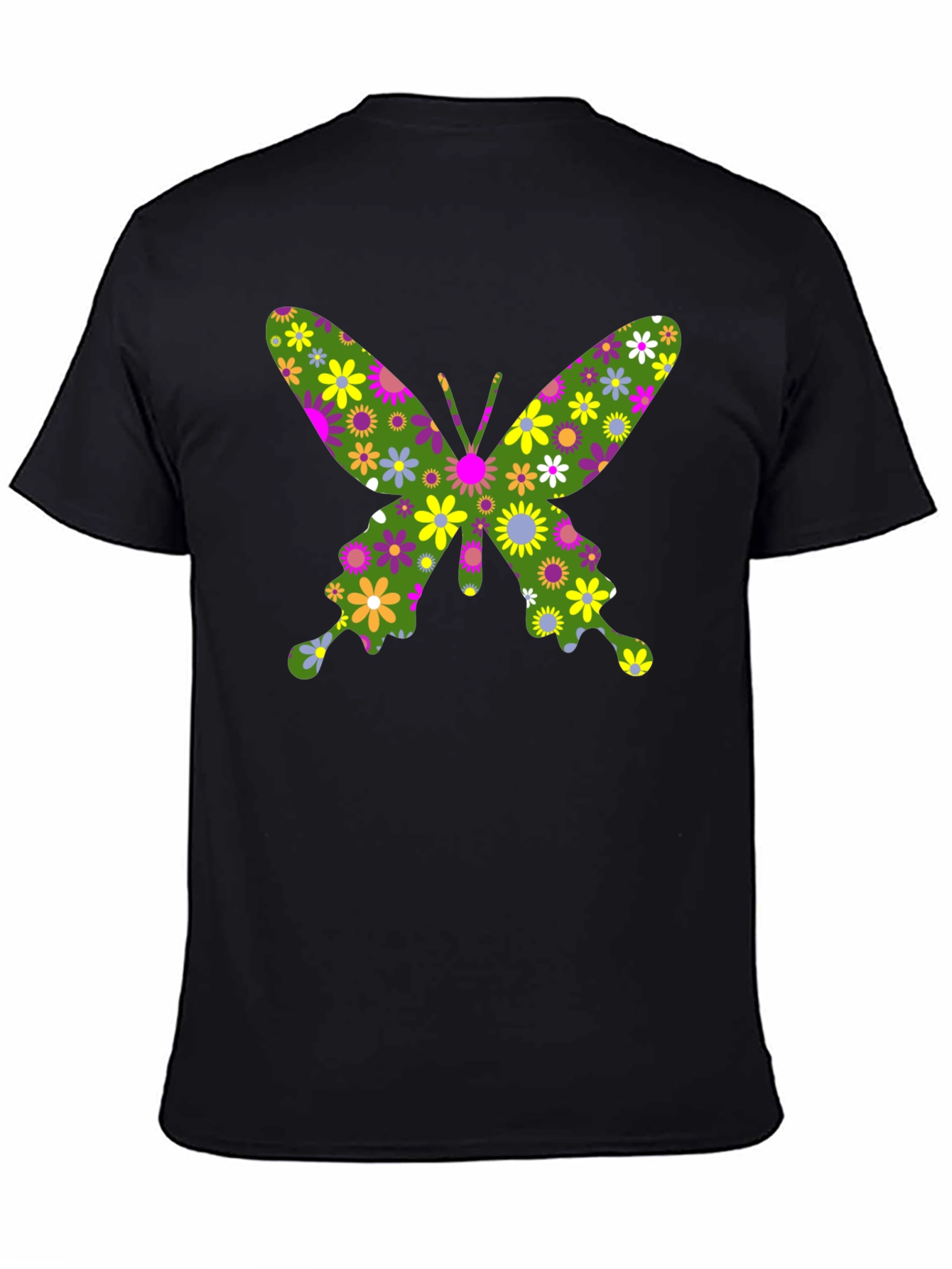 Floral Butterfly Graphic T-Shirt - Black Cotton Tee