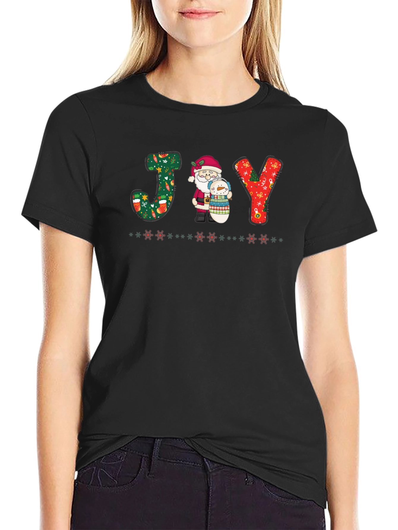 JOY Santa & Snowman Christmas Graphic T-Shirt