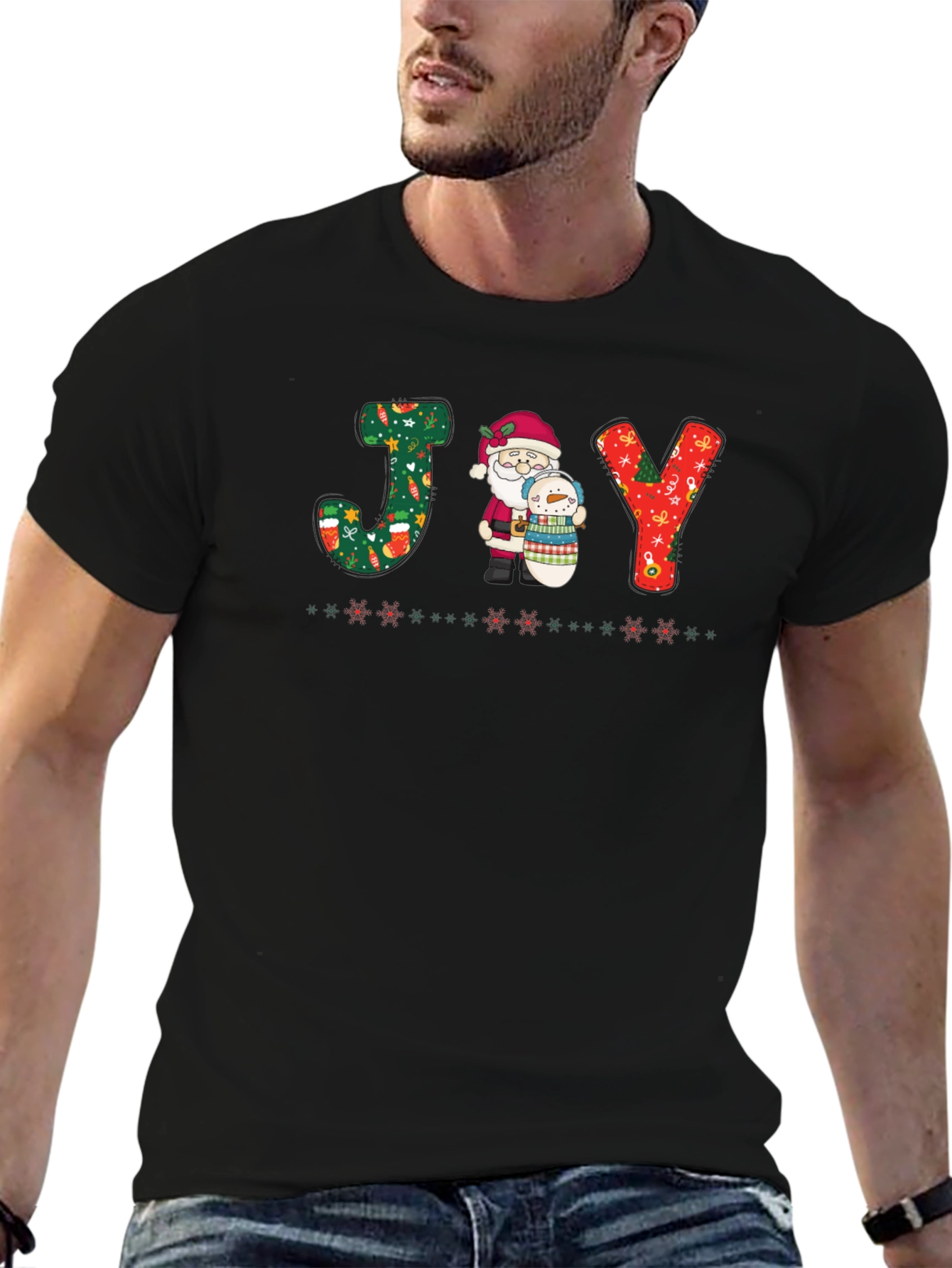 JOY Santa & Snowman Christmas Graphic T-Shirt