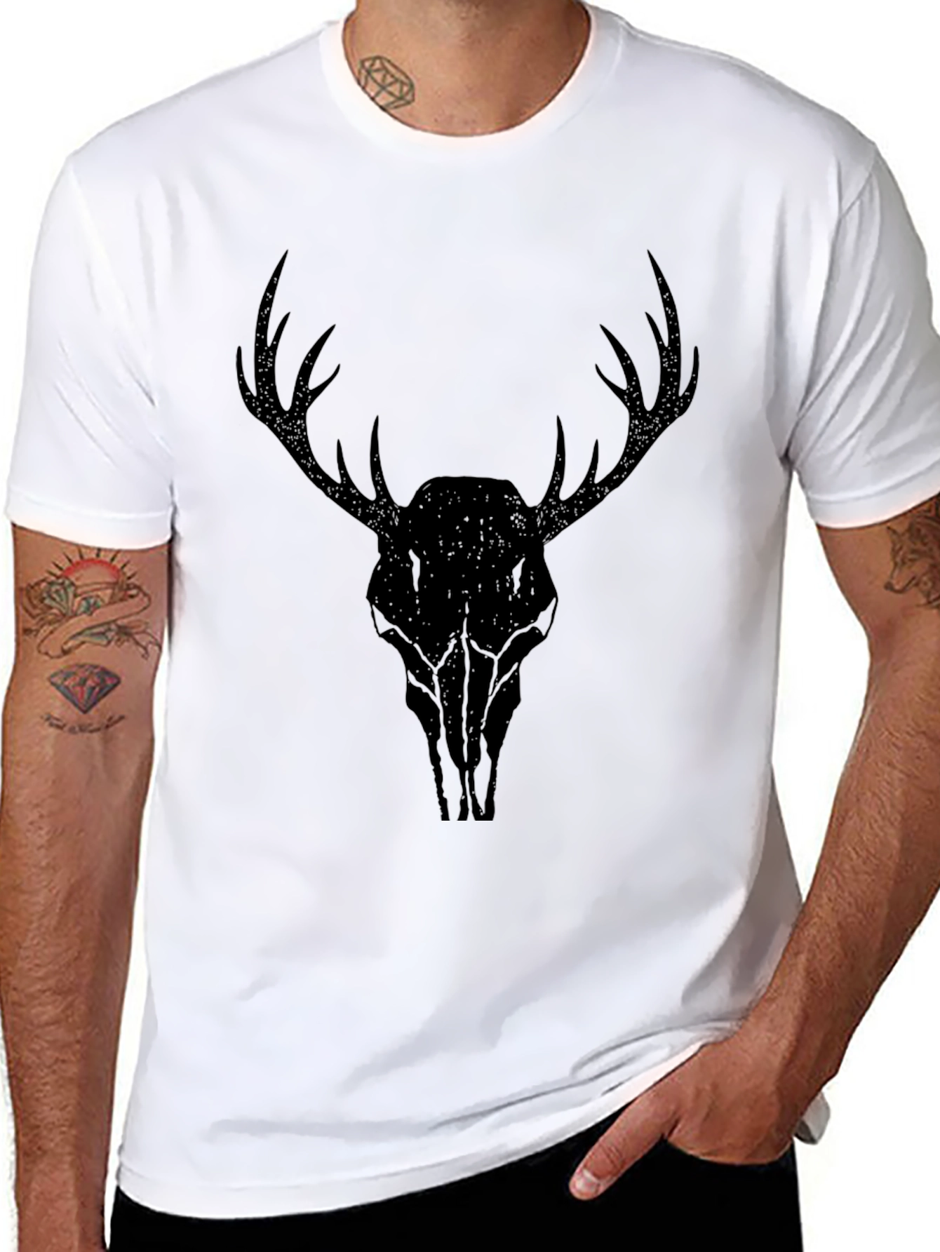 Mens Black T-Shirt with Deer Skull Graphic