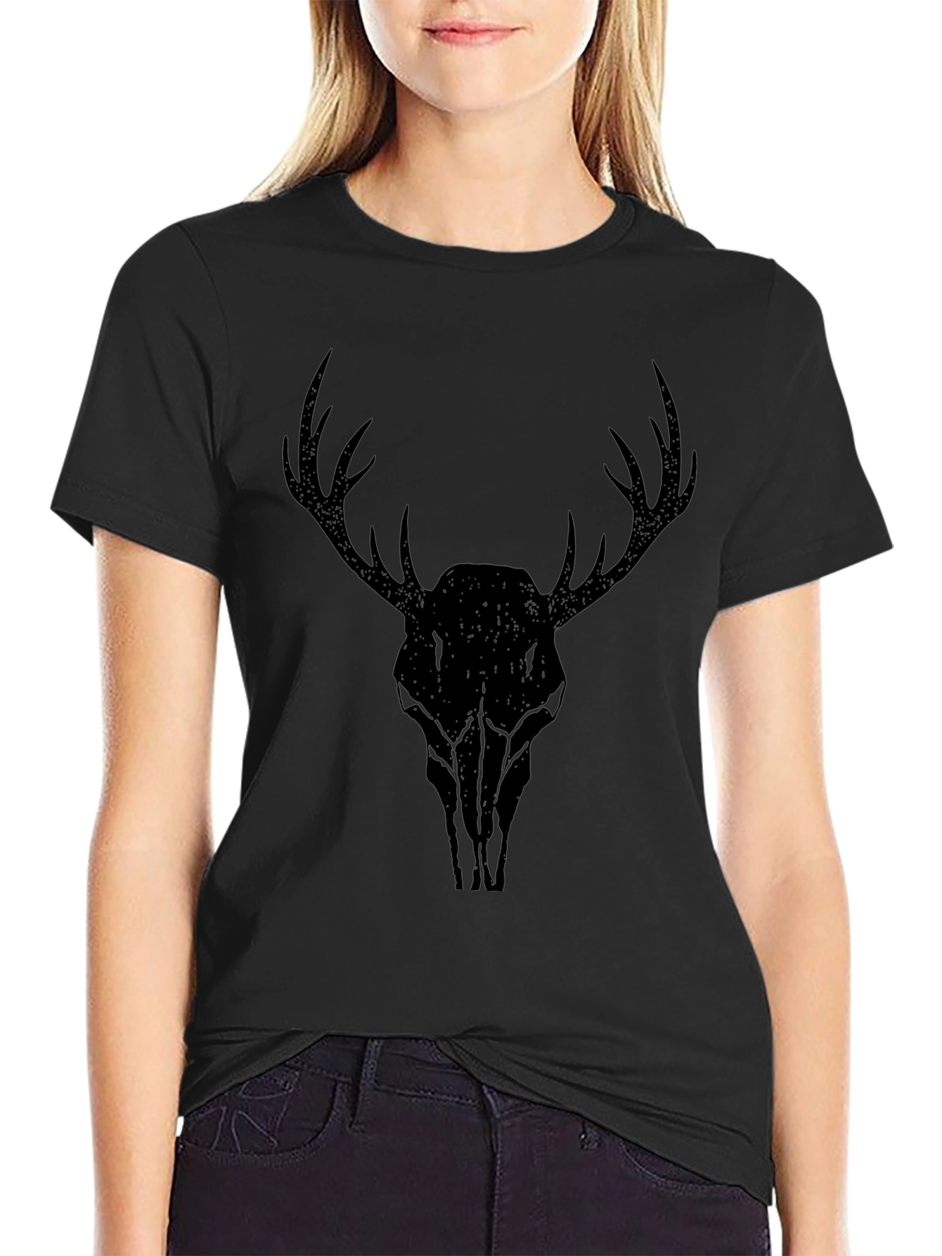 Mens Black T-Shirt with Deer Skull Graphic