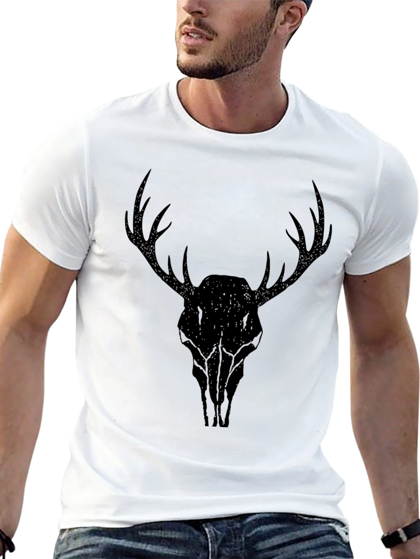 Mens Black T-Shirt with Deer Skull Graphic