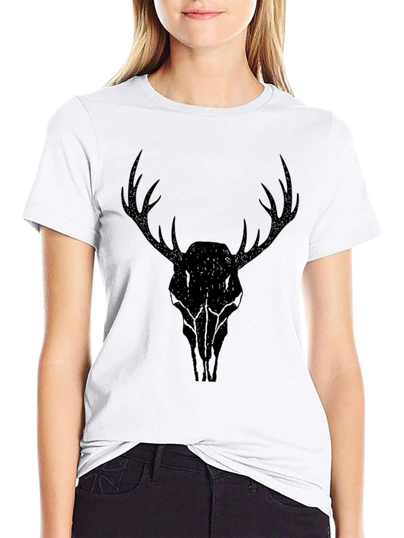 Mens Black T-Shirt with Deer Skull Graphic
