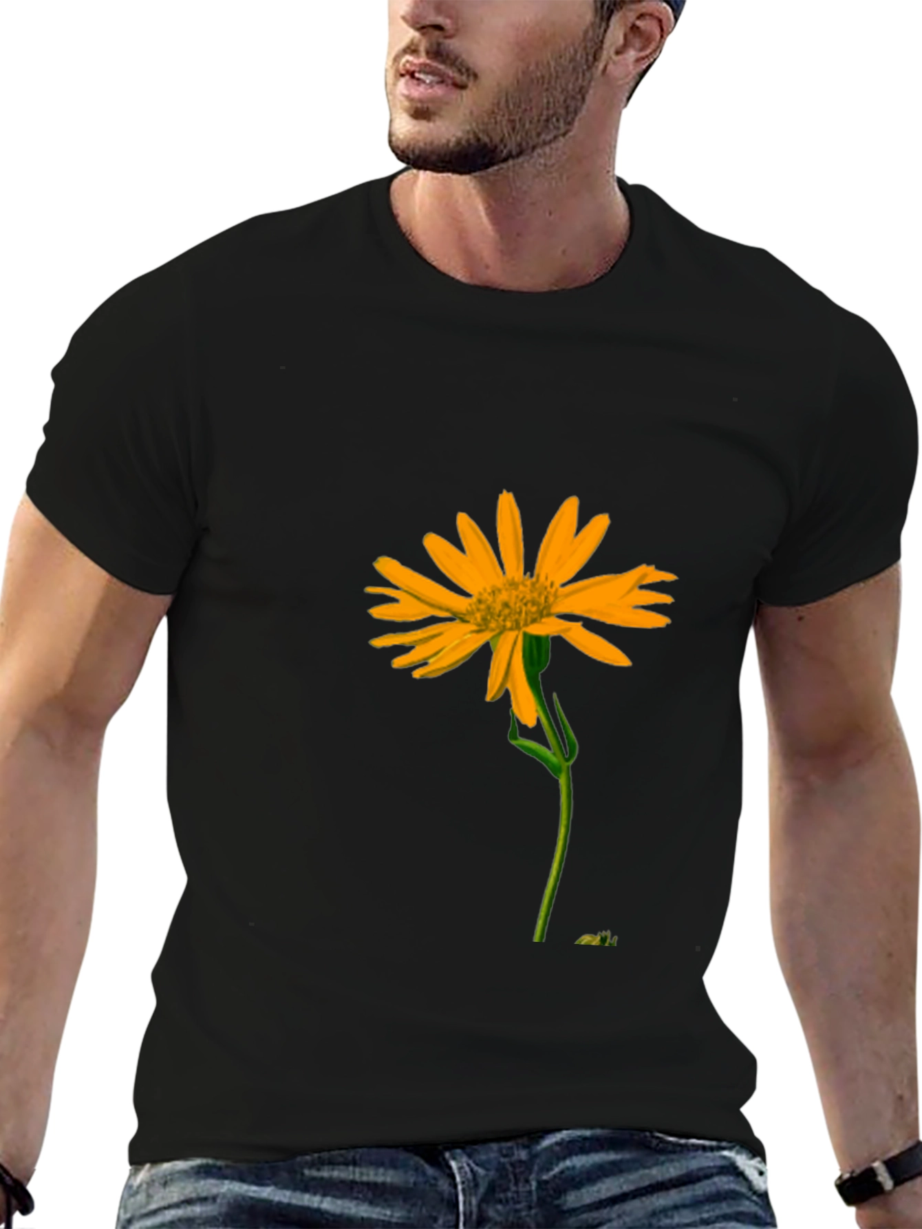 Black T-Shirt with Vibrant Yellow Flower Graphic